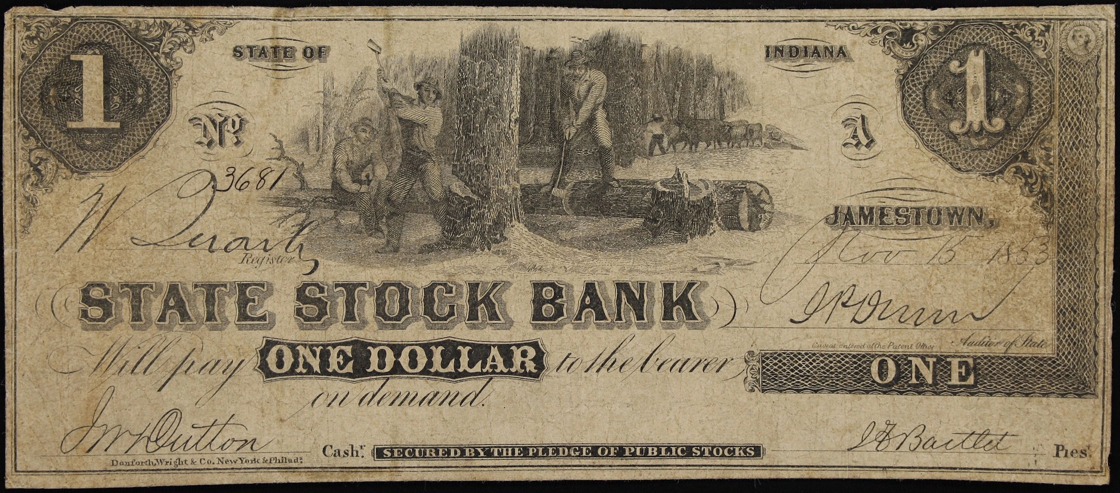 Jamestown, Indiana. State Stock Bank. 1853 $1. Fine.