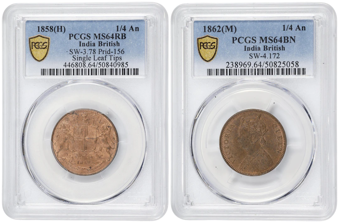 INDIA. Duo of 1/4 Annas (2 Pieces), 1858 & 1862. Victoria. Both PCGS Certified.