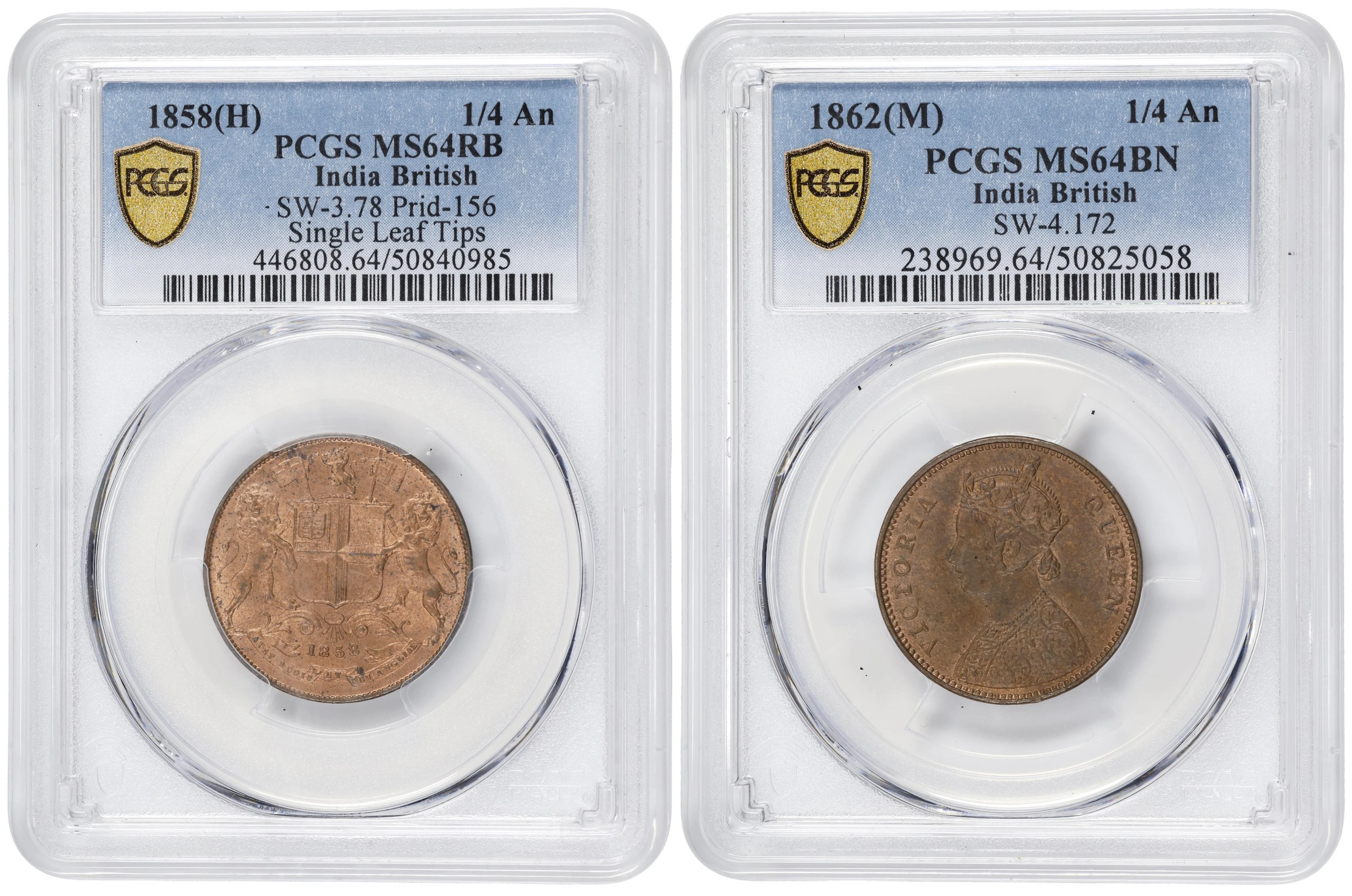 INDIA. Duo of 1/4 Annas (2 Pieces), 1858 & 1862. Victoria. Both PCGS Certified.