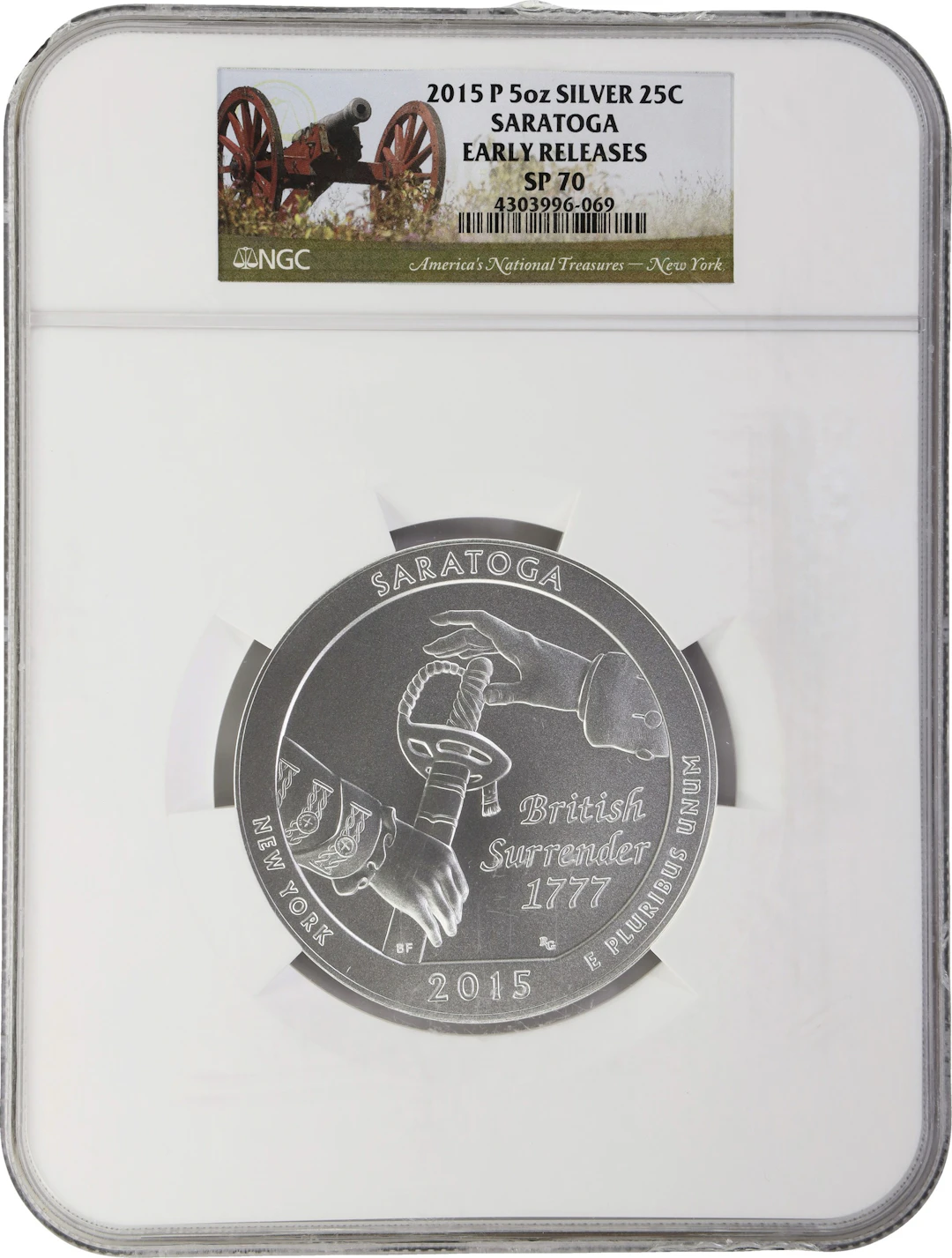 (5 oz, 155.52 g ASW). 2015-P Saratoga America the Beautiful 5 oz Silver