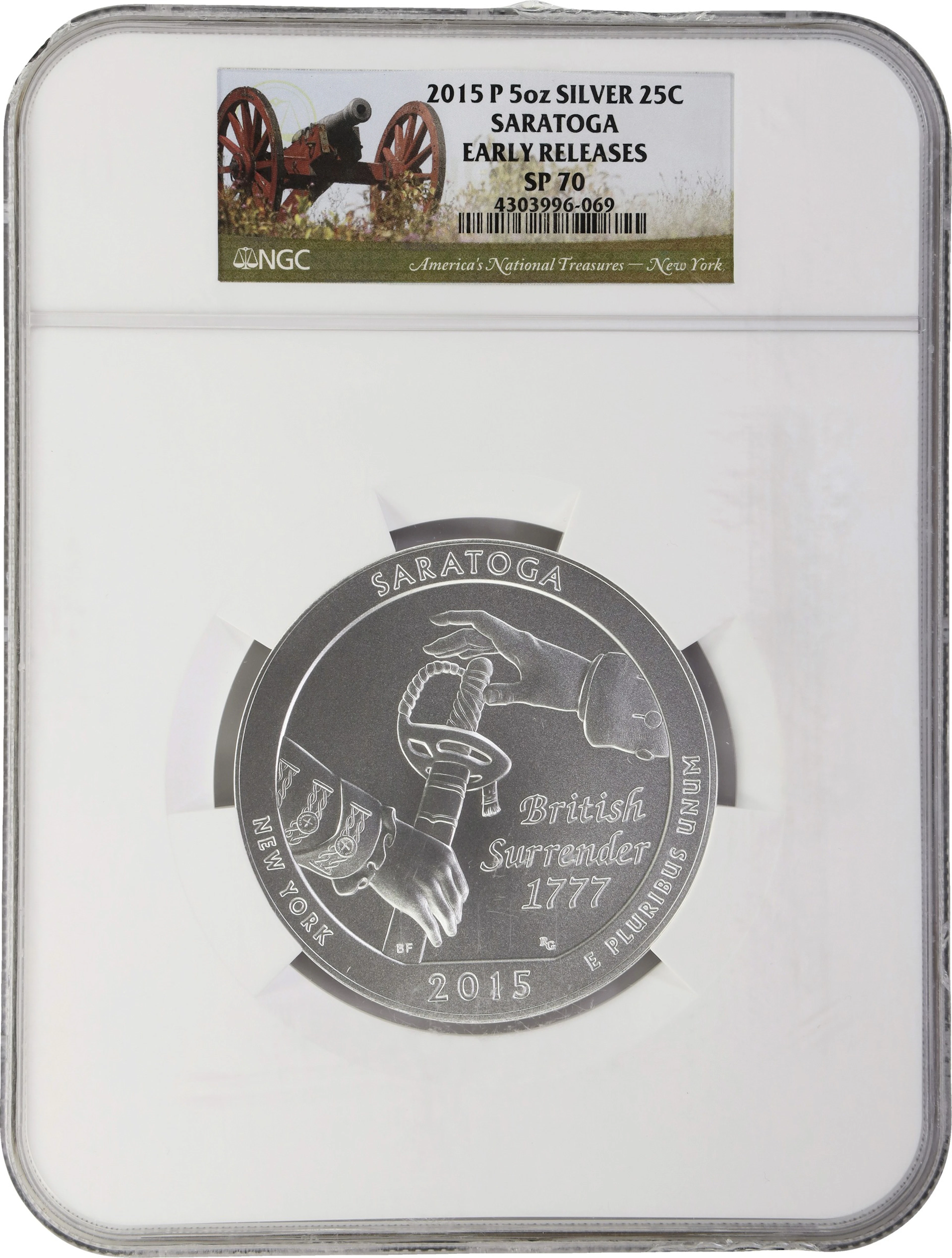 (5 oz, 155.52 g ASW). 2015-P Saratoga America the Beautiful 5 oz Silver