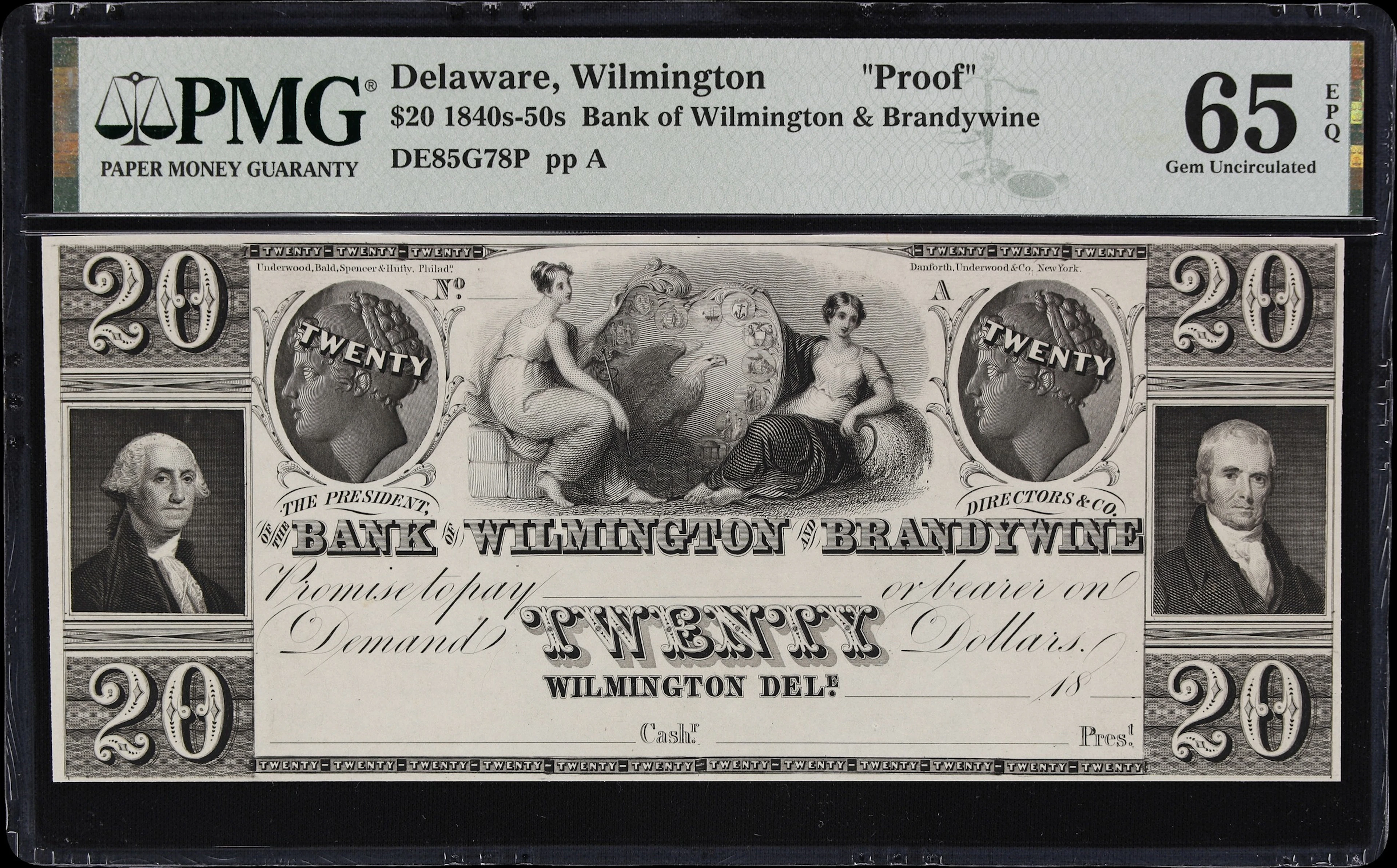 Wilmington, Delaware. Bank of Wilmington & Brandywine. 18xx $20. PMG