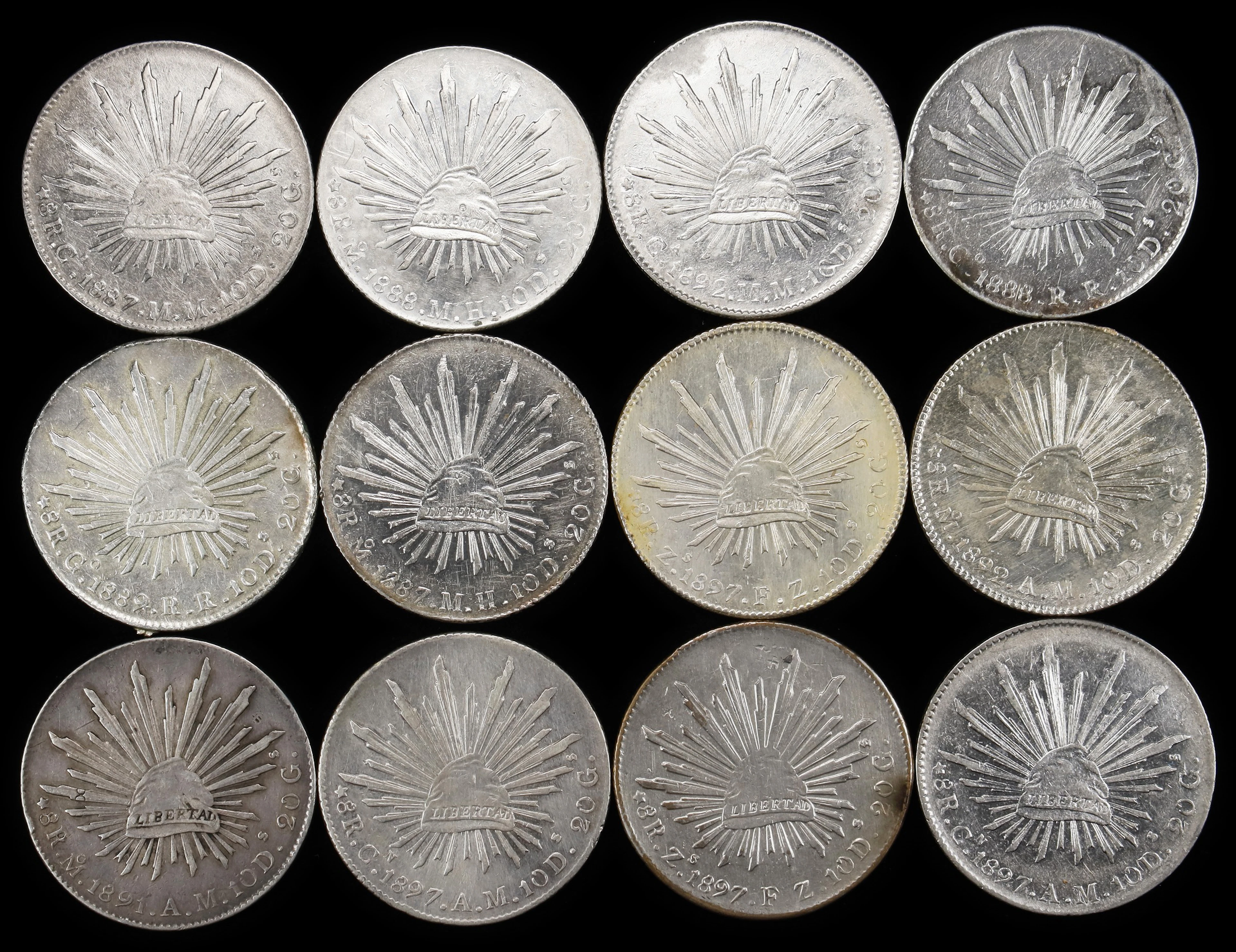 MEXICO. Group of 8 Reales (12 Pieces), 1887-97. Average Grade: ABOUT