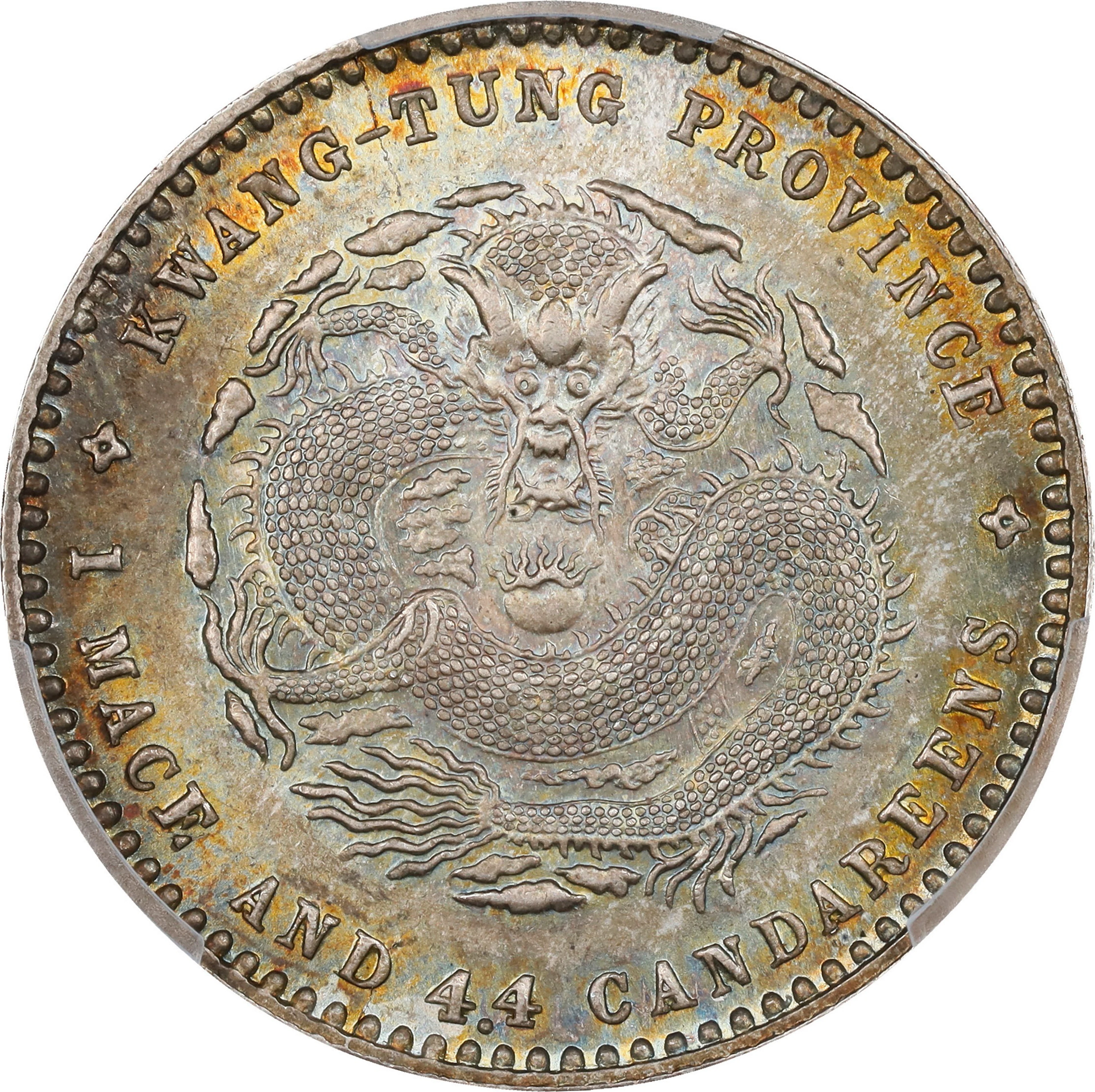 (t) CHINA. Kwangtung. 1 Mace 4.4 Candareens (20 Cents), ND (1890-1908).