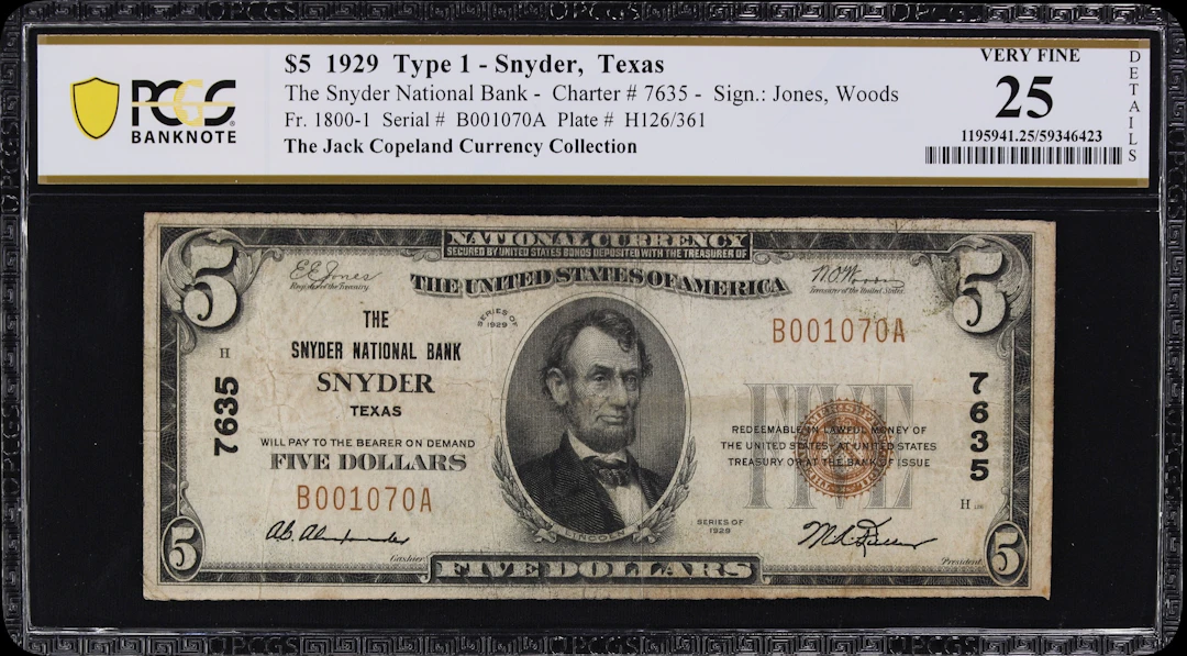Snyder, Texas. $5 1929 Ty. 1. Fr. 1800-1. Snyder NB. Charter #7635.