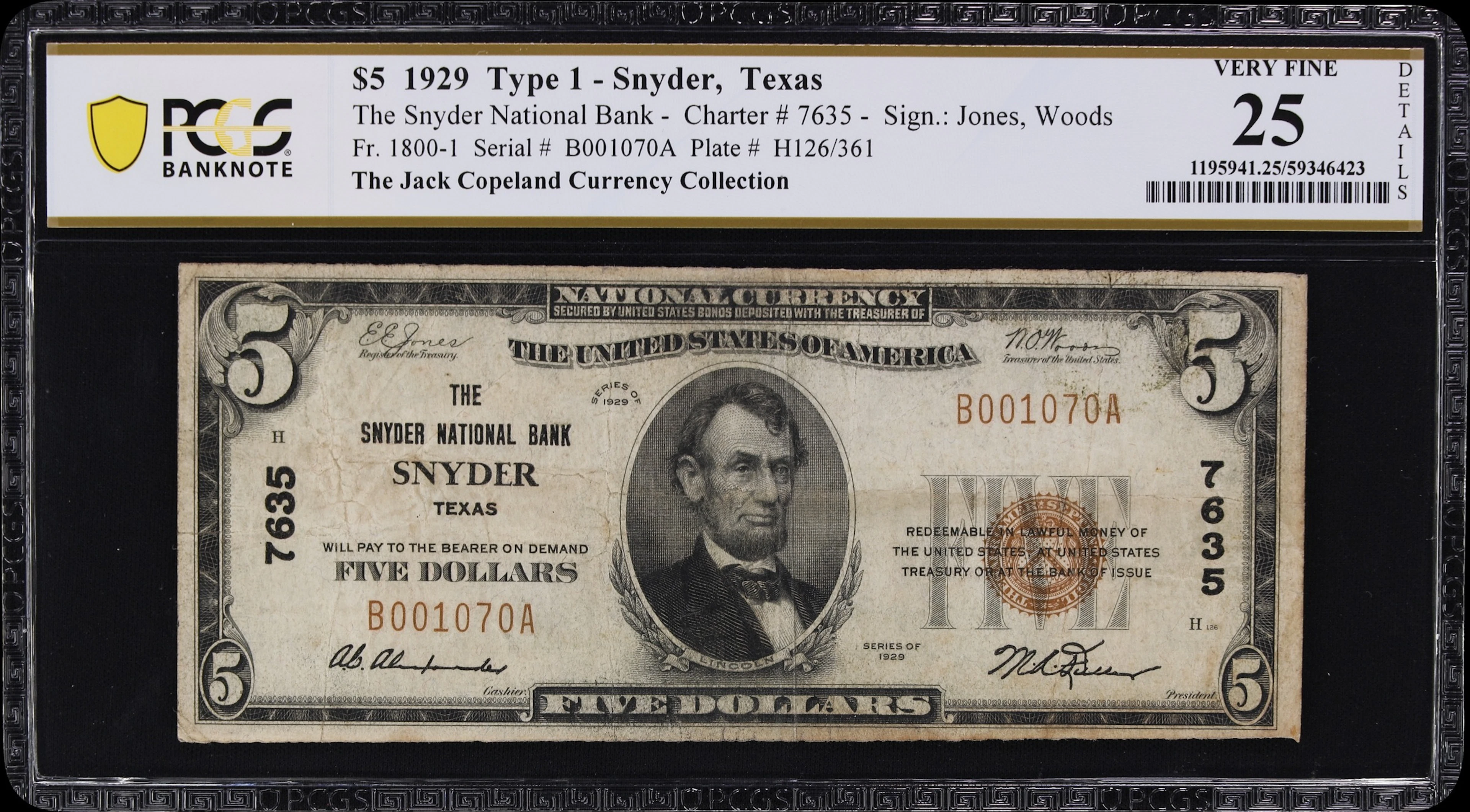Snyder, Texas. $5 1929 Ty. 1. Fr. 1800-1. Snyder NB. Charter #7635.