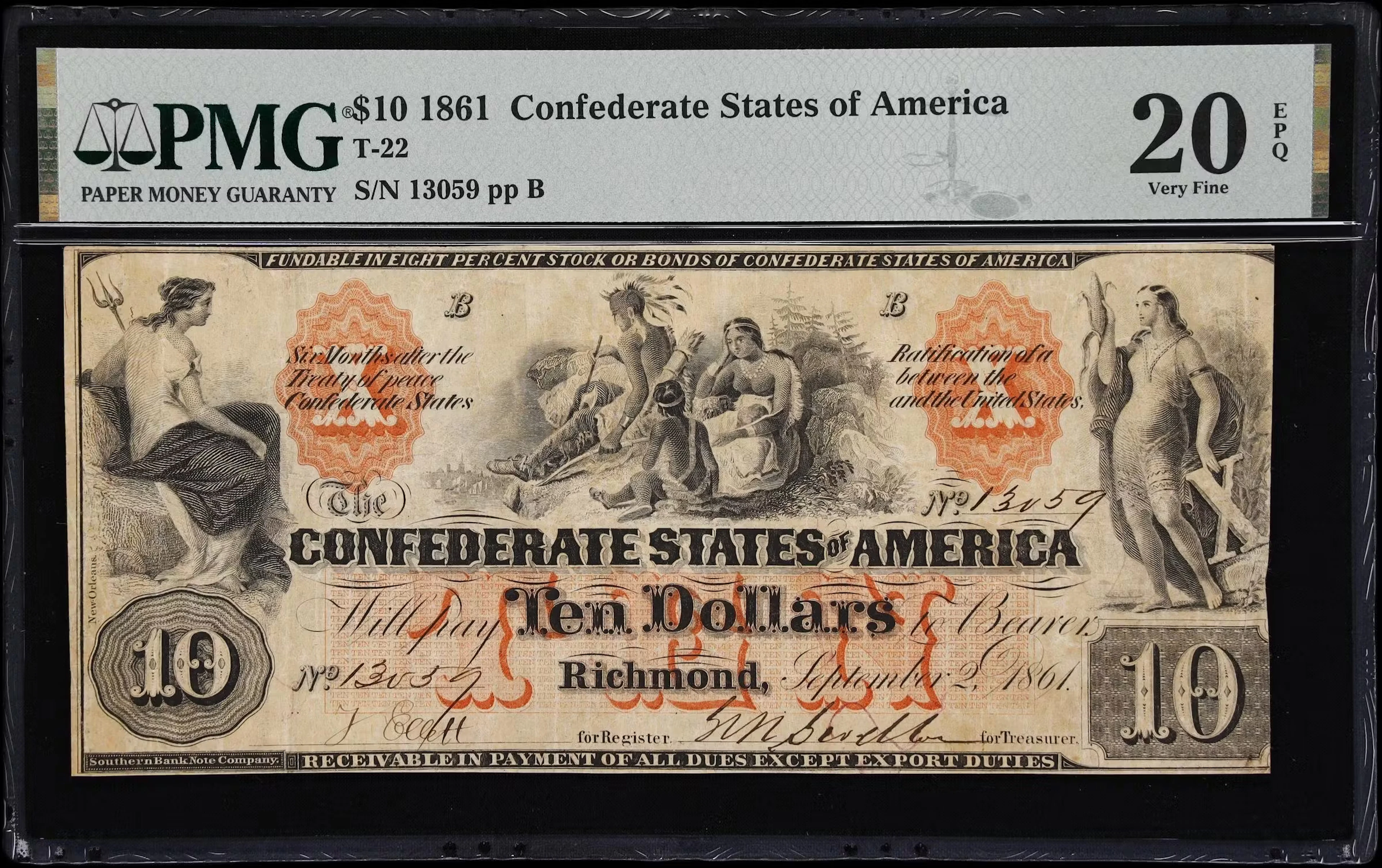 T-22. Confederate Currency. 1861 $10. PMG Very Fine 20 EPQ.