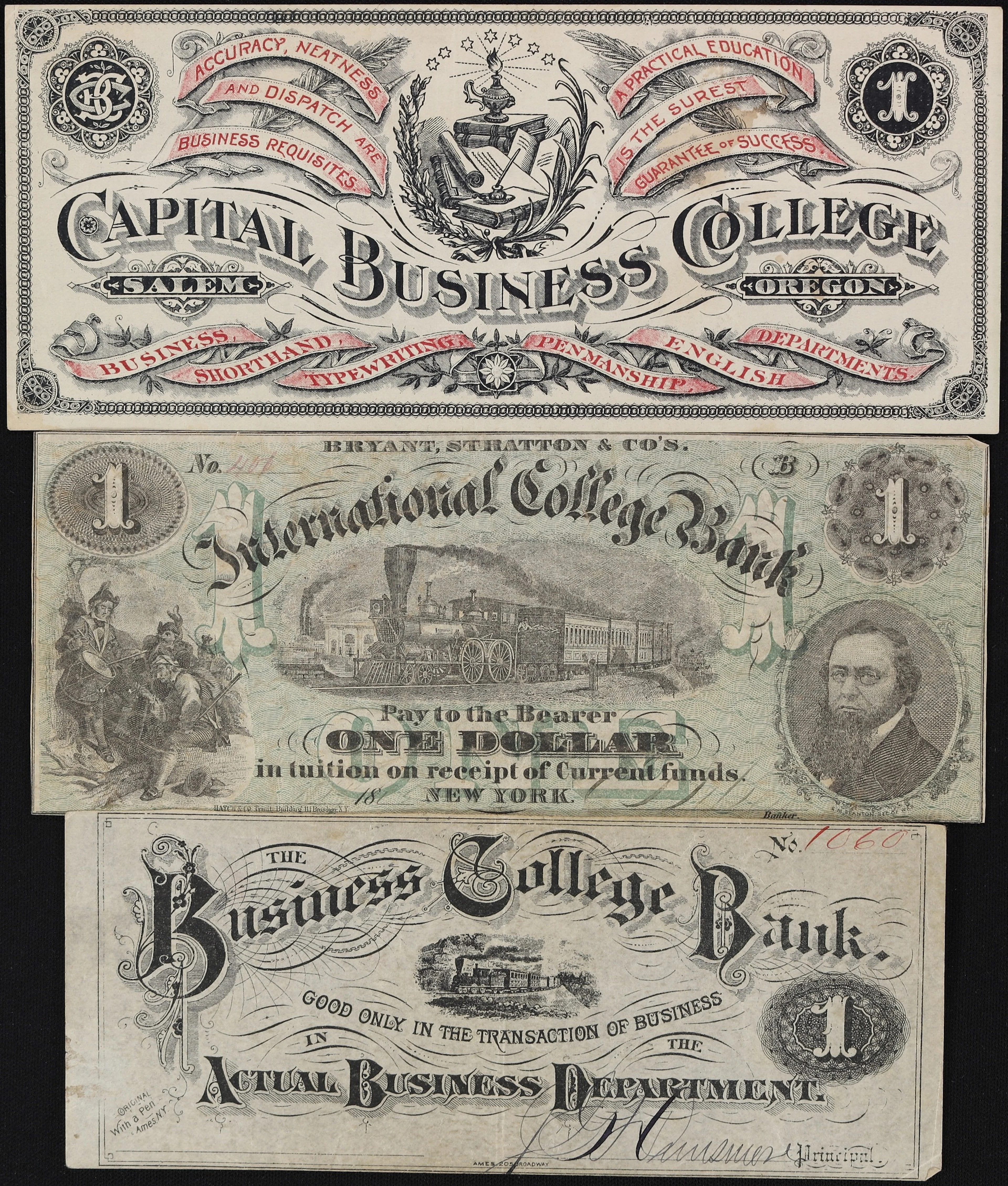 Lot of (3) New York & Oregon College Currency. Mixed Issuers. ND $1.