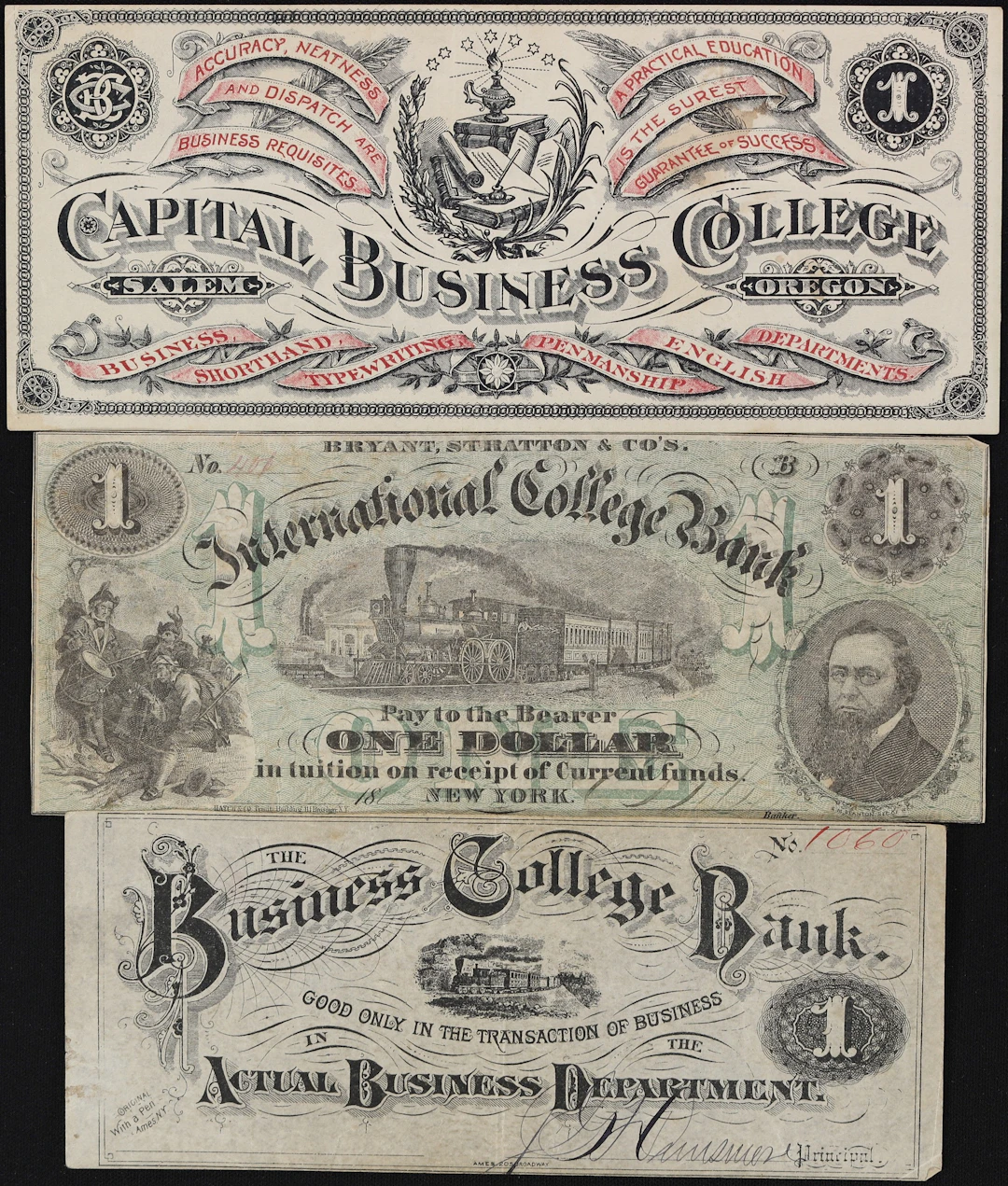 Lot of (3) New York & Oregon College Currency. Mixed Issuers. ND $1.