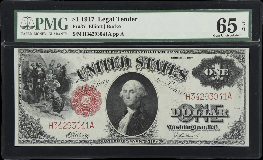 Fr. 37. 1917 $1 Legal Tender Note. PMG Gem Uncirculated 65 EPQ.