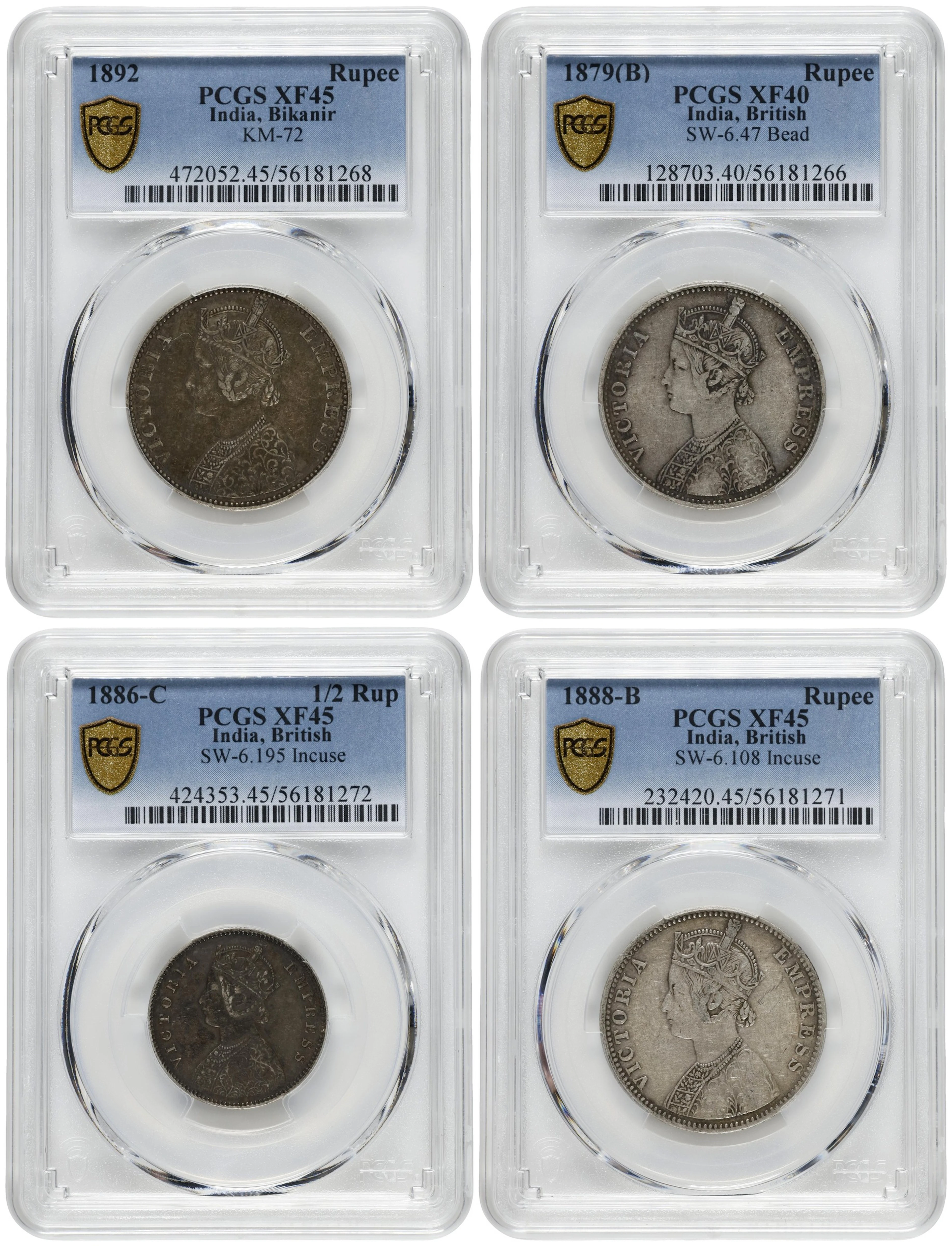 INDIA. Quartet of Mixed Denominations (4 Pieces), 1879-92. All PCGS Certified.