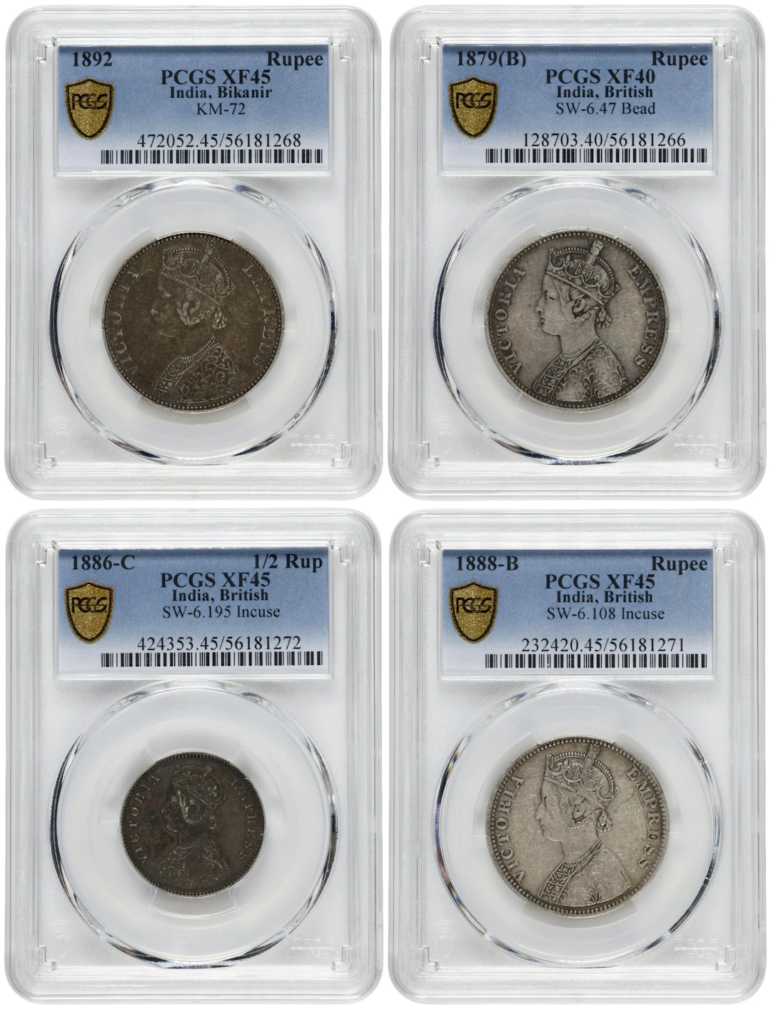 INDIA. Quartet of Mixed Denominations (4 Pieces), 1879-92. All PCGS Certified.