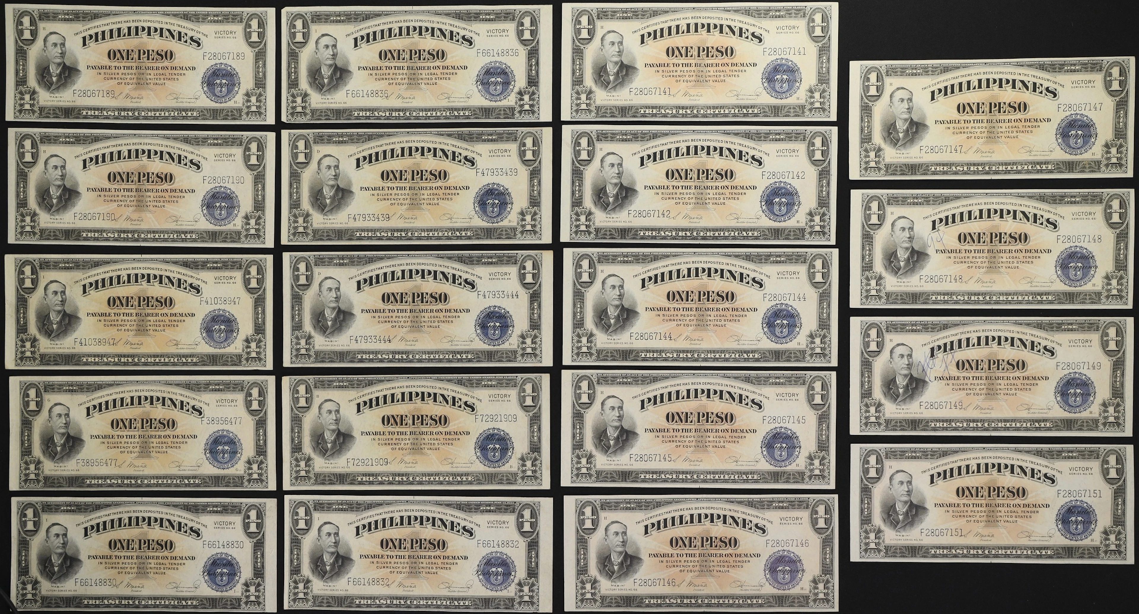 PHILIPPINES. Lot of (19). Treasury of the Philippines. 1 Peso, ND