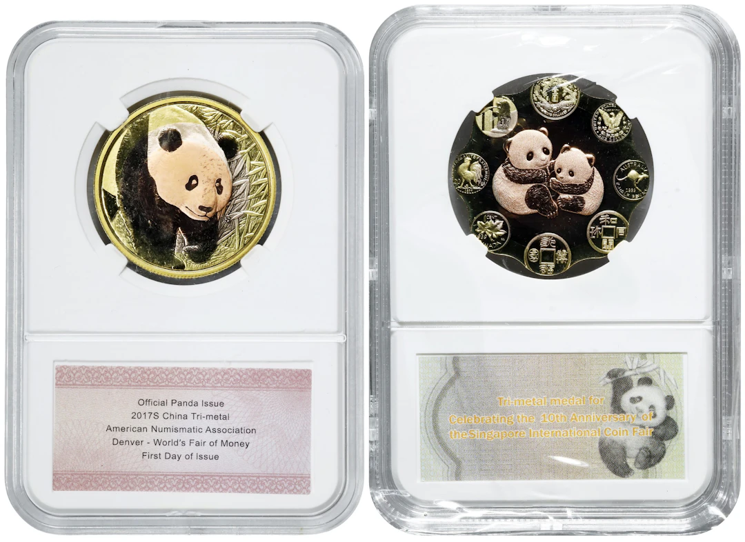 (t) CHINA. Duo of Tri-Metal Medals (2 Pieces), 2017 & 2022. Panda Series.