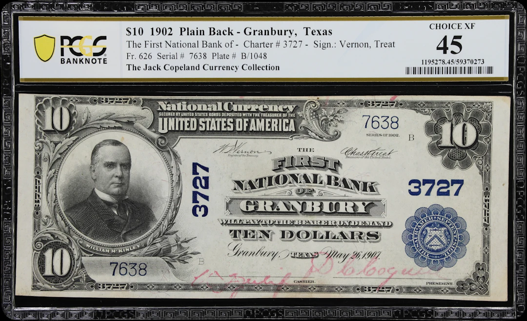Granbury, Texas. $10 1902 Plain Back. Fr. 626. First NB. Charter #3727.