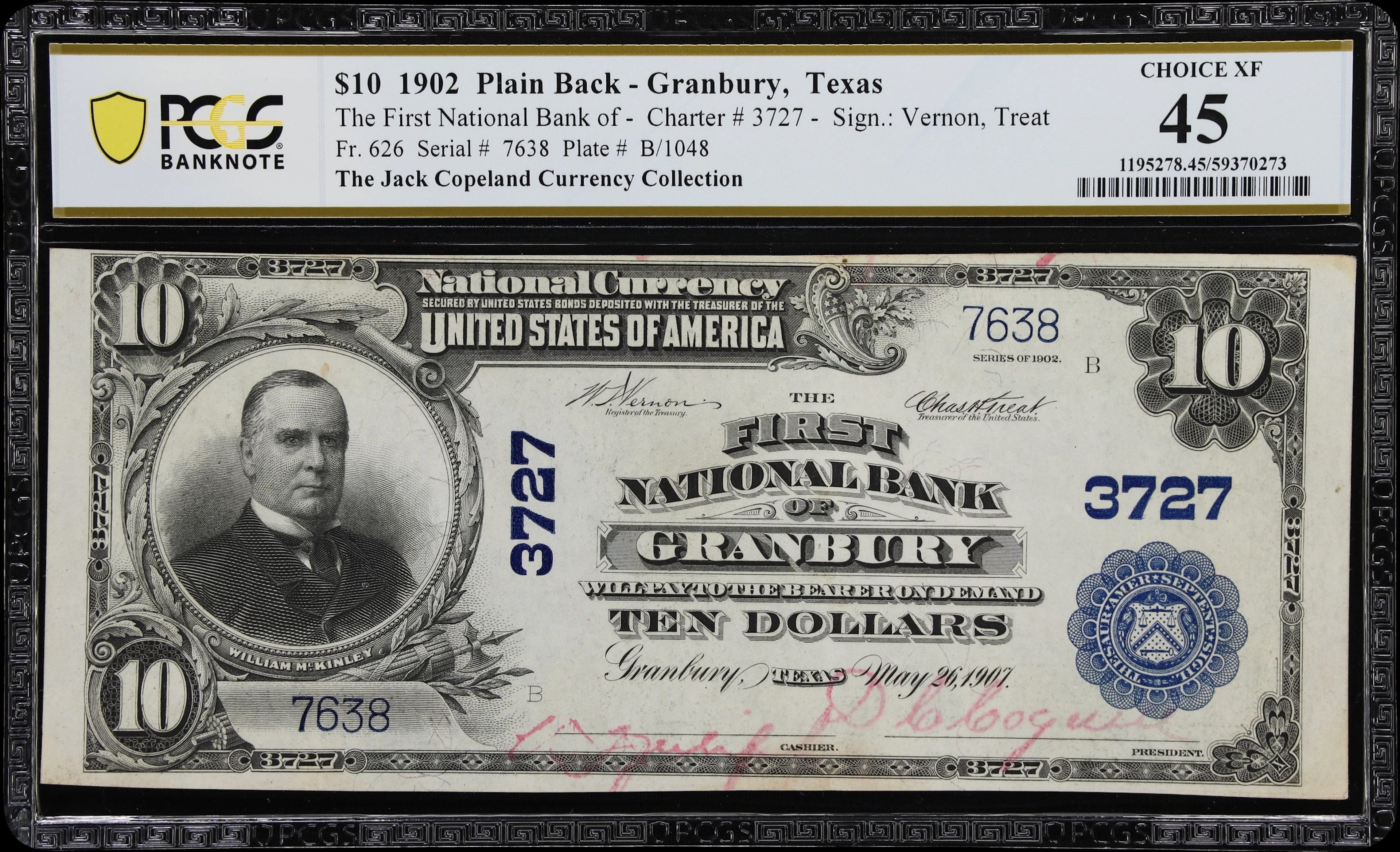 Granbury, Texas. $10 1902 Plain Back. Fr. 626. First NB. Charter #3727.