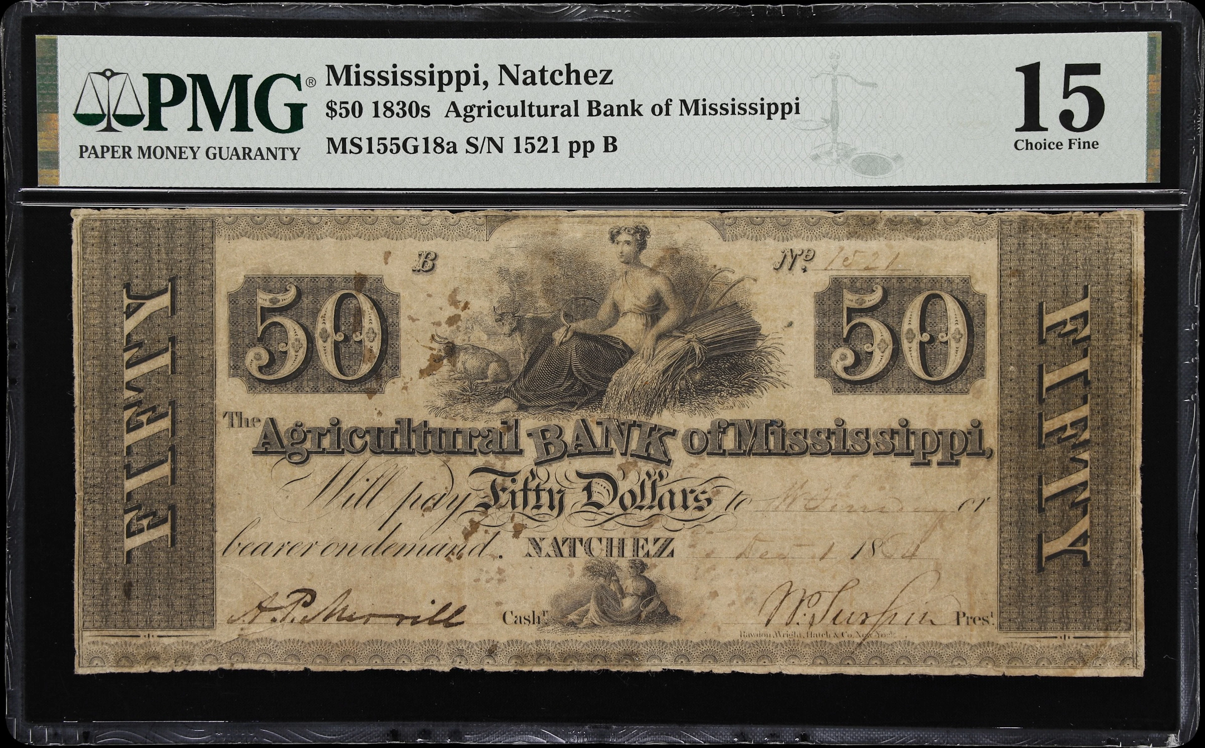 Natchez, Mississippi. Agricultural Bank of Mississippi. 1864 $50.