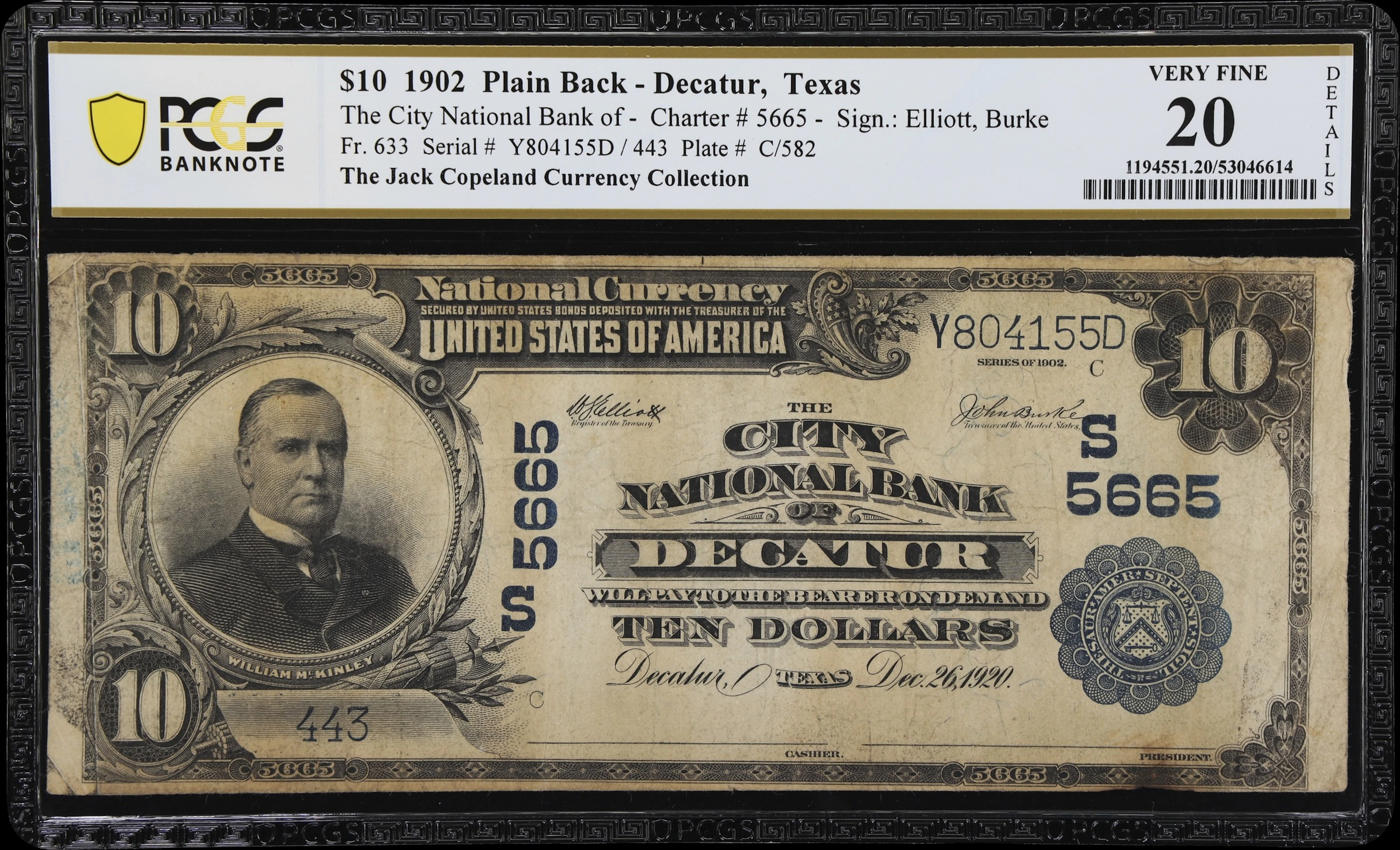 Decatur, Texas. $10 1902 Plain Back. Fr. 633. City NB. Charter #5665.
