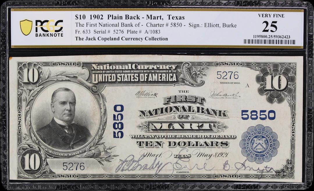Mart, Texas. $10 1902 Plain Back. Fr. 633. First NB. Charter #5850.