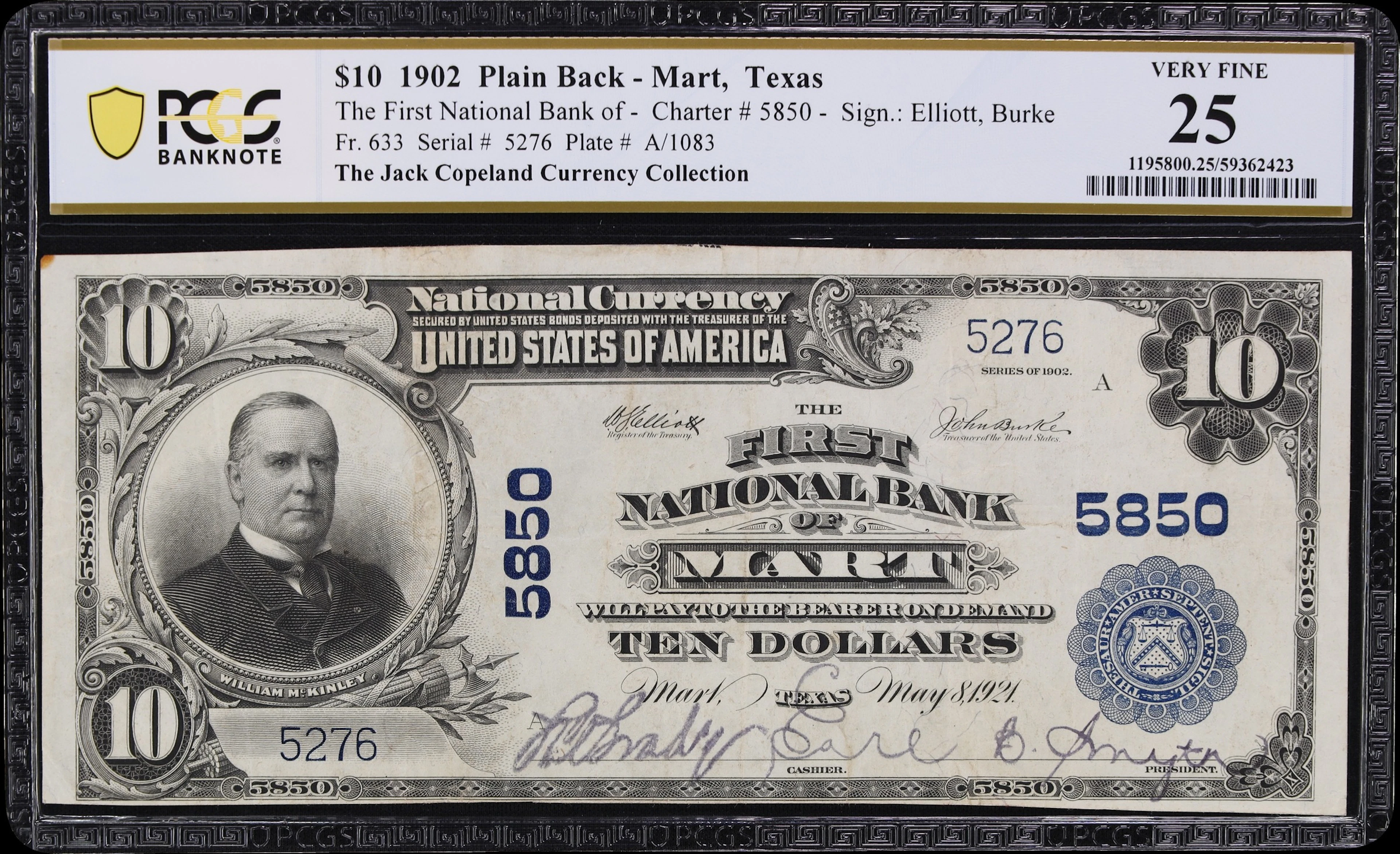 Mart, Texas. $10 1902 Plain Back. Fr. 633. First NB. Charter #5850.