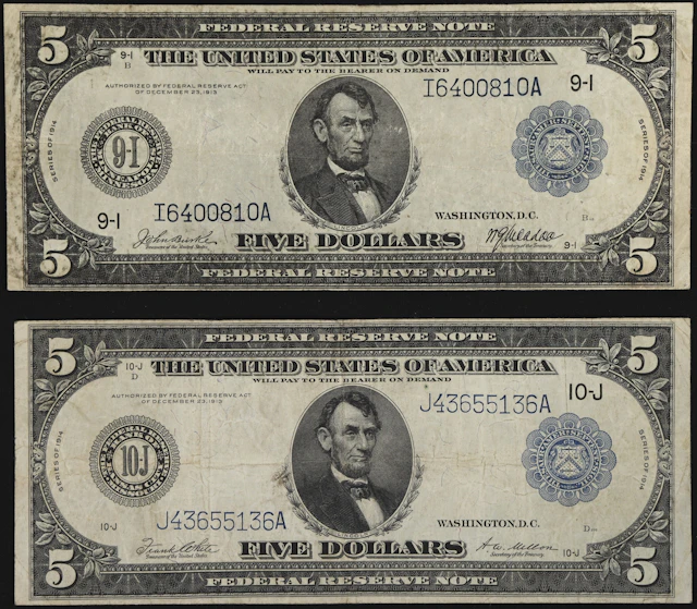 Lot of (2) Fr. 876 & 883b. 1914 $5 Federal Reserve Notes. Minneapolis