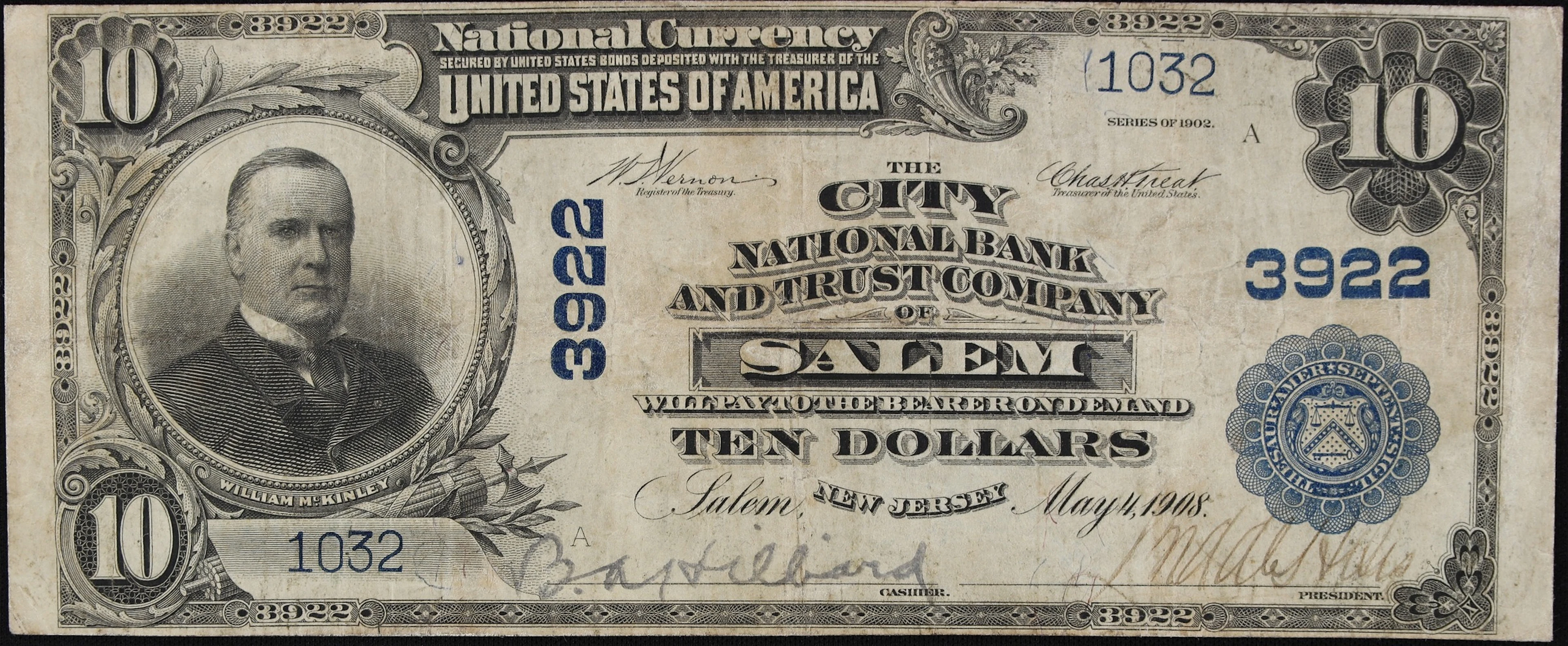 Salem, New Jersey. $10 1902 Plain Back. Fr. 626. The City NB. Charter