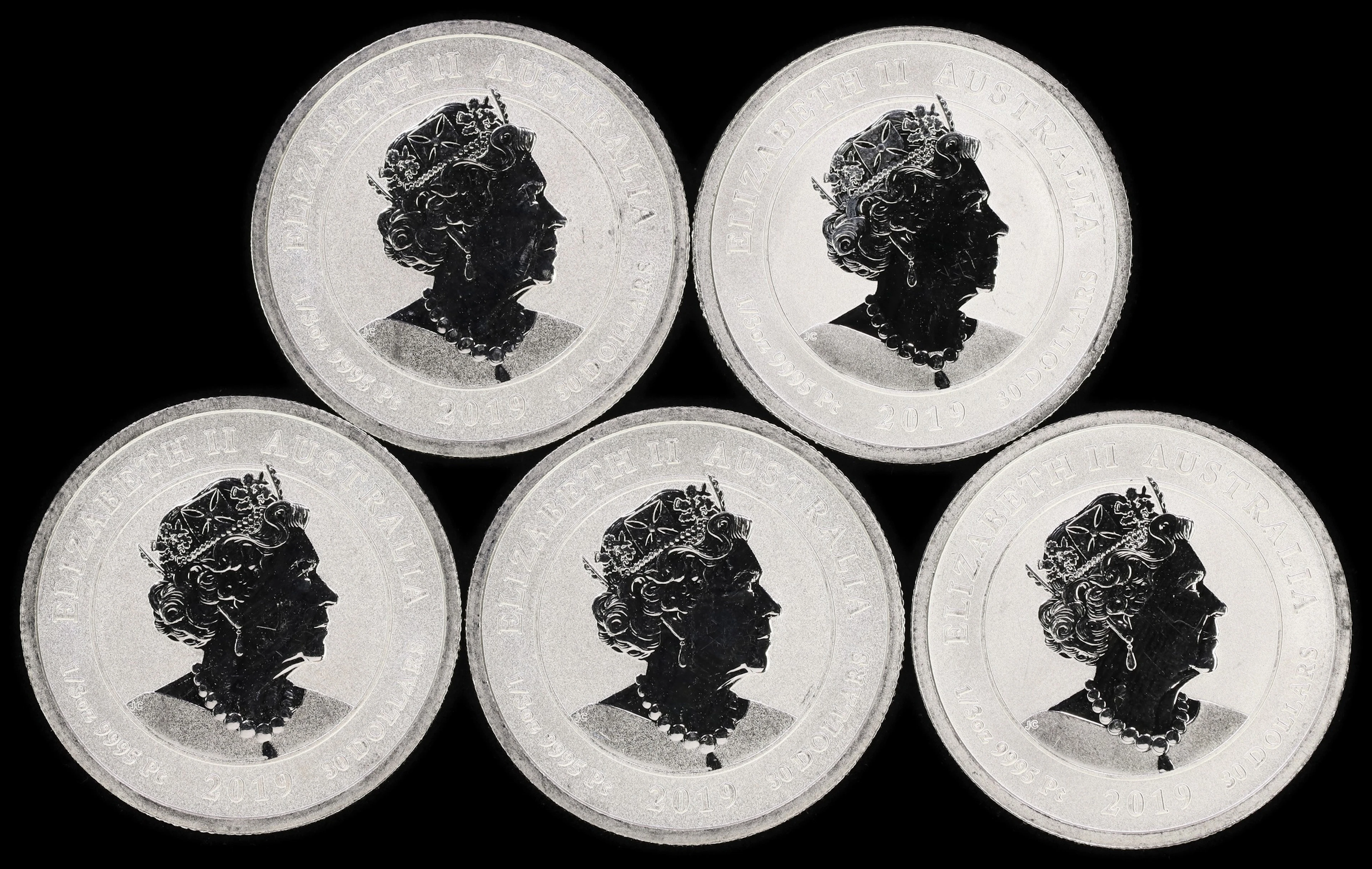 (1.667 oz, 51.84 g APtW). Australia. Lot of (5) 2019 Humpback Whale