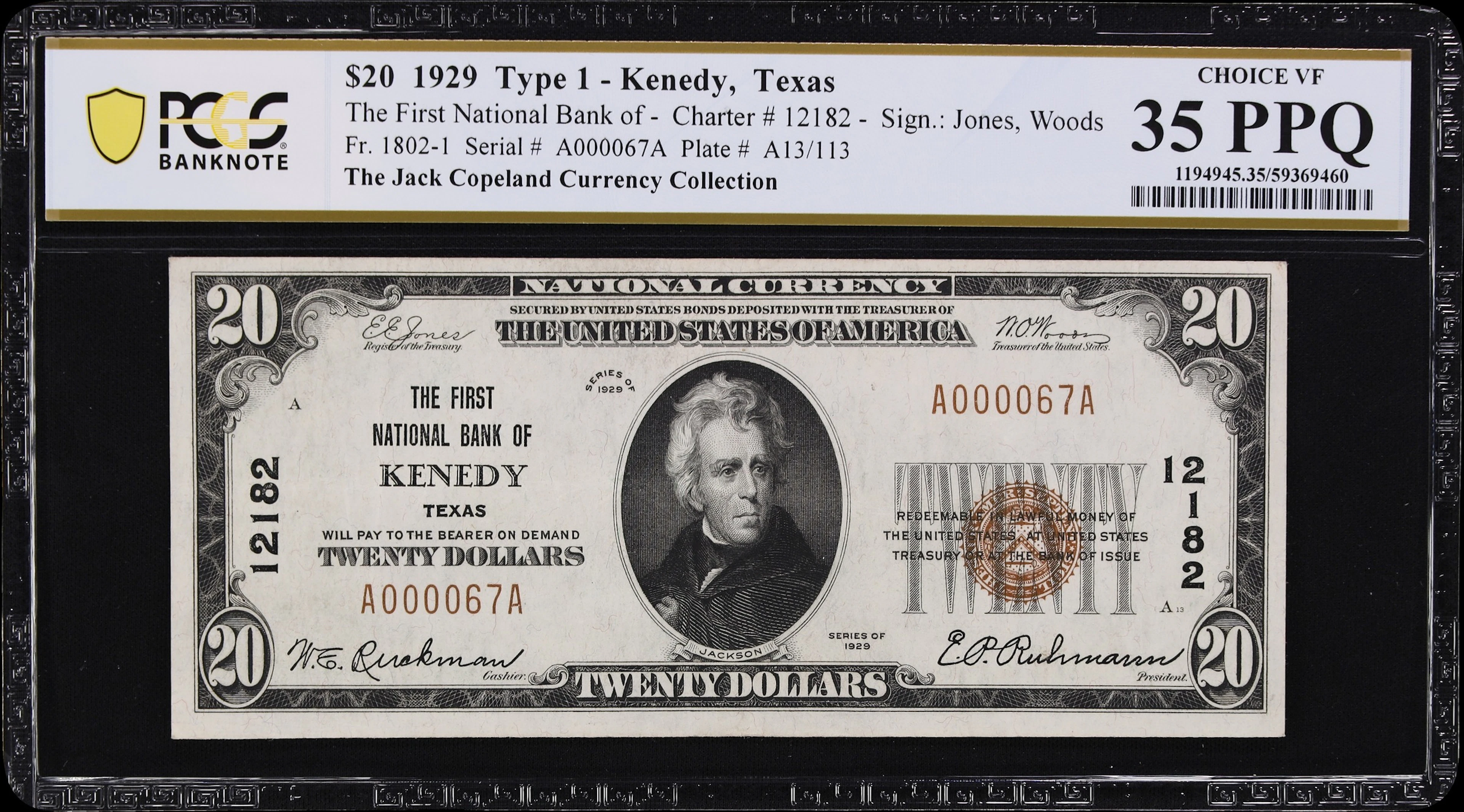 Kenedy, Texas. $20 1929 Ty. 1. Fr. 1802-1. First NB. Charter #12182.