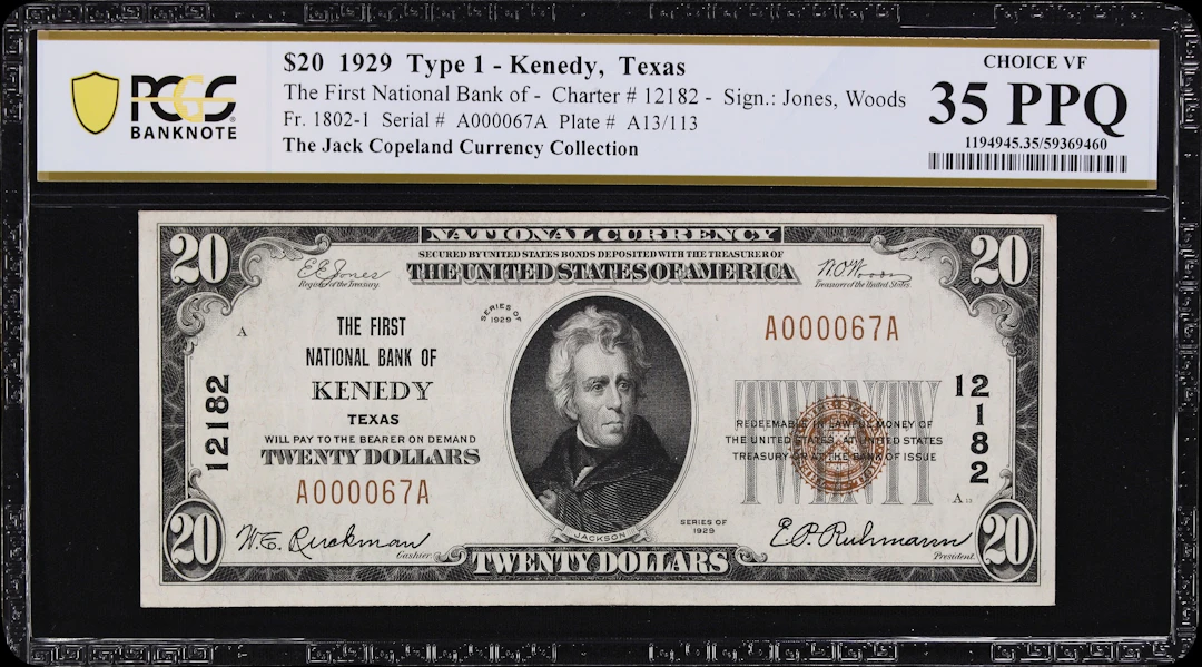 Kenedy, Texas. $20 1929 Ty. 1. Fr. 1802-1. First NB. Charter #12182.