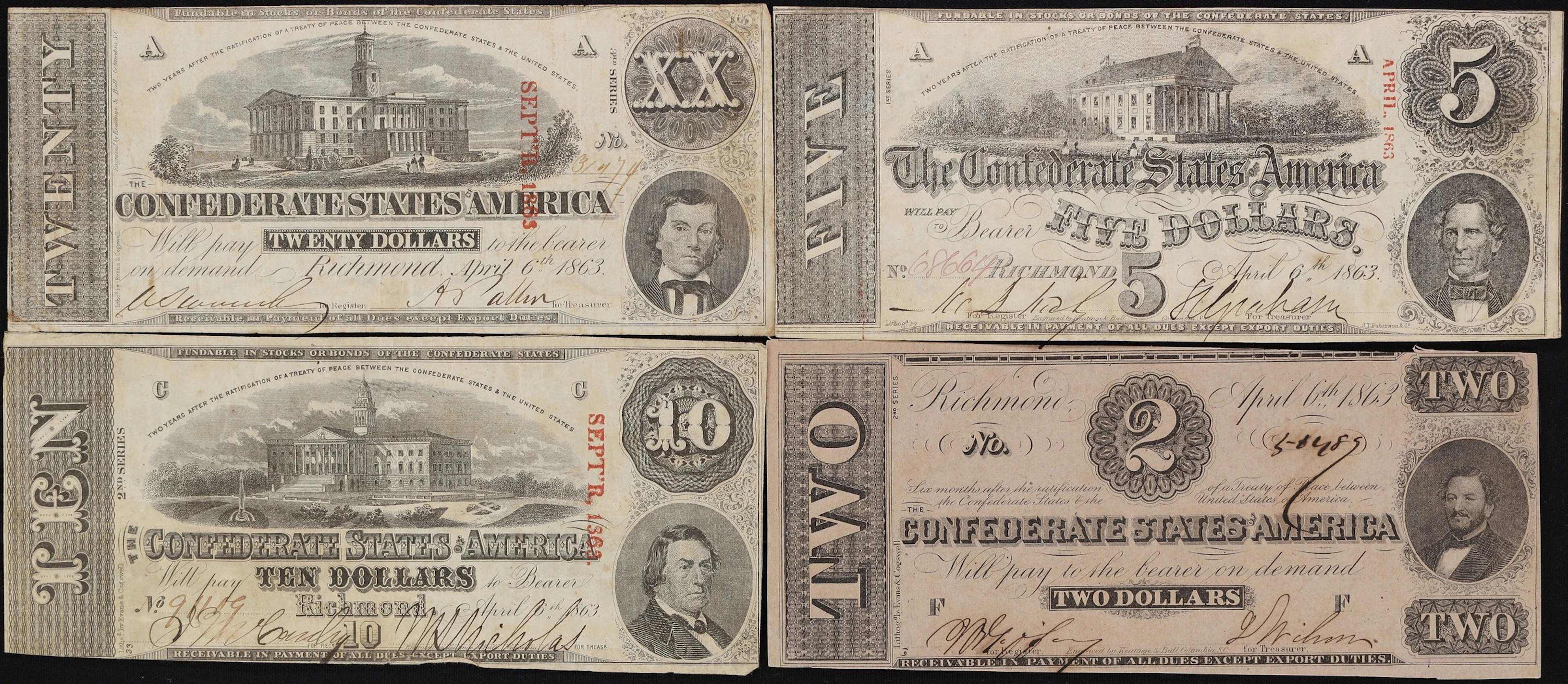 Lot of (4) T-58, T-59, T-60, & T-61. Confederate Currency. 1863 $2