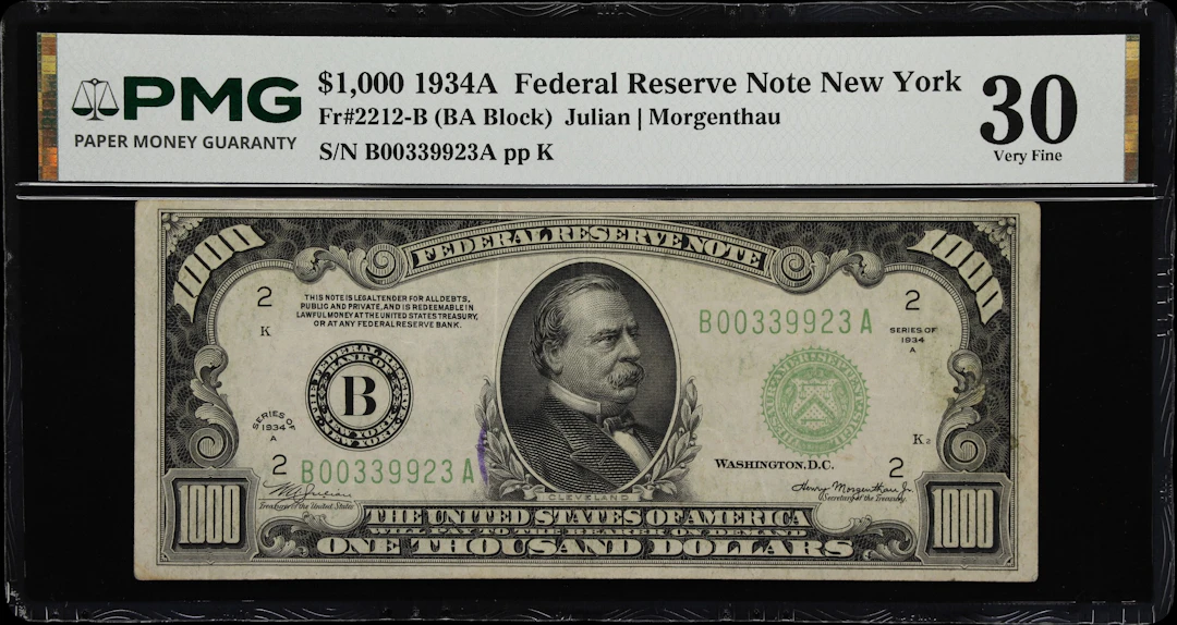 Fr. 2212-B. 1934A $1000 Federal Reserve Note. New York. PMG Very Fine 30.