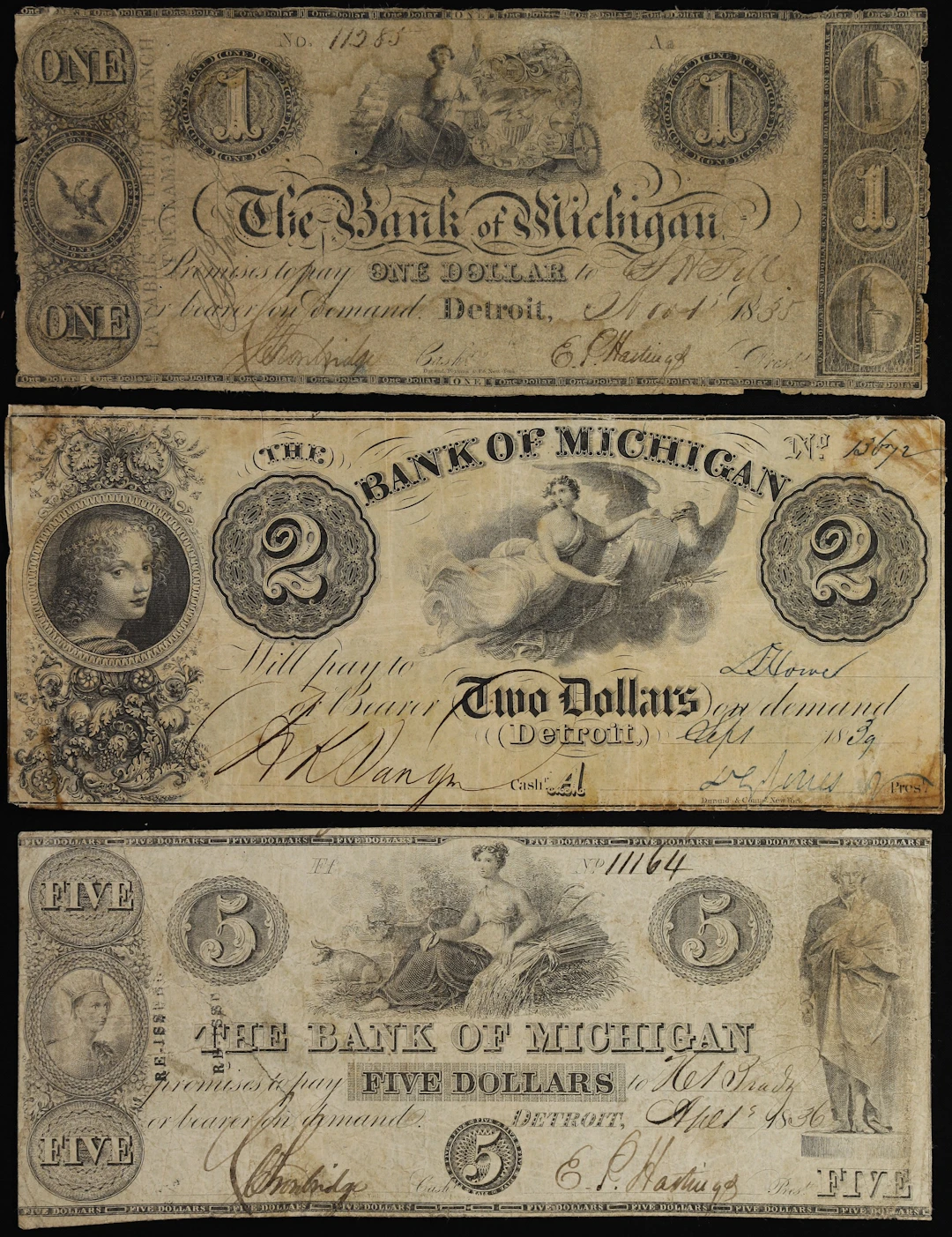 Lot of (3) Detroit, Michigan. Bank of Michigan. 1835-39 $1, $2 & $5.