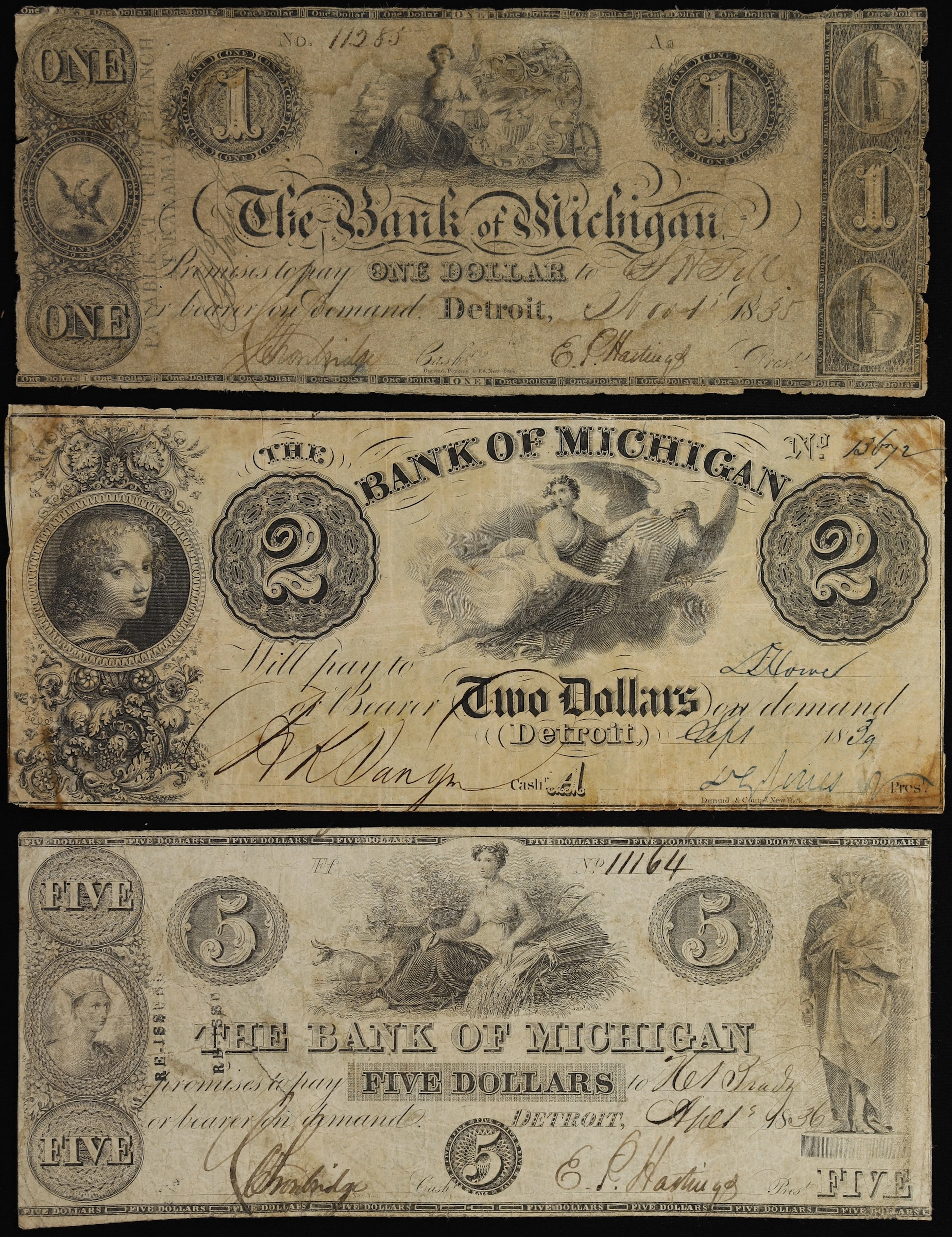 Lot of (3) Detroit, Michigan. Bank of Michigan. 1835-39 $1, $2 & $5.