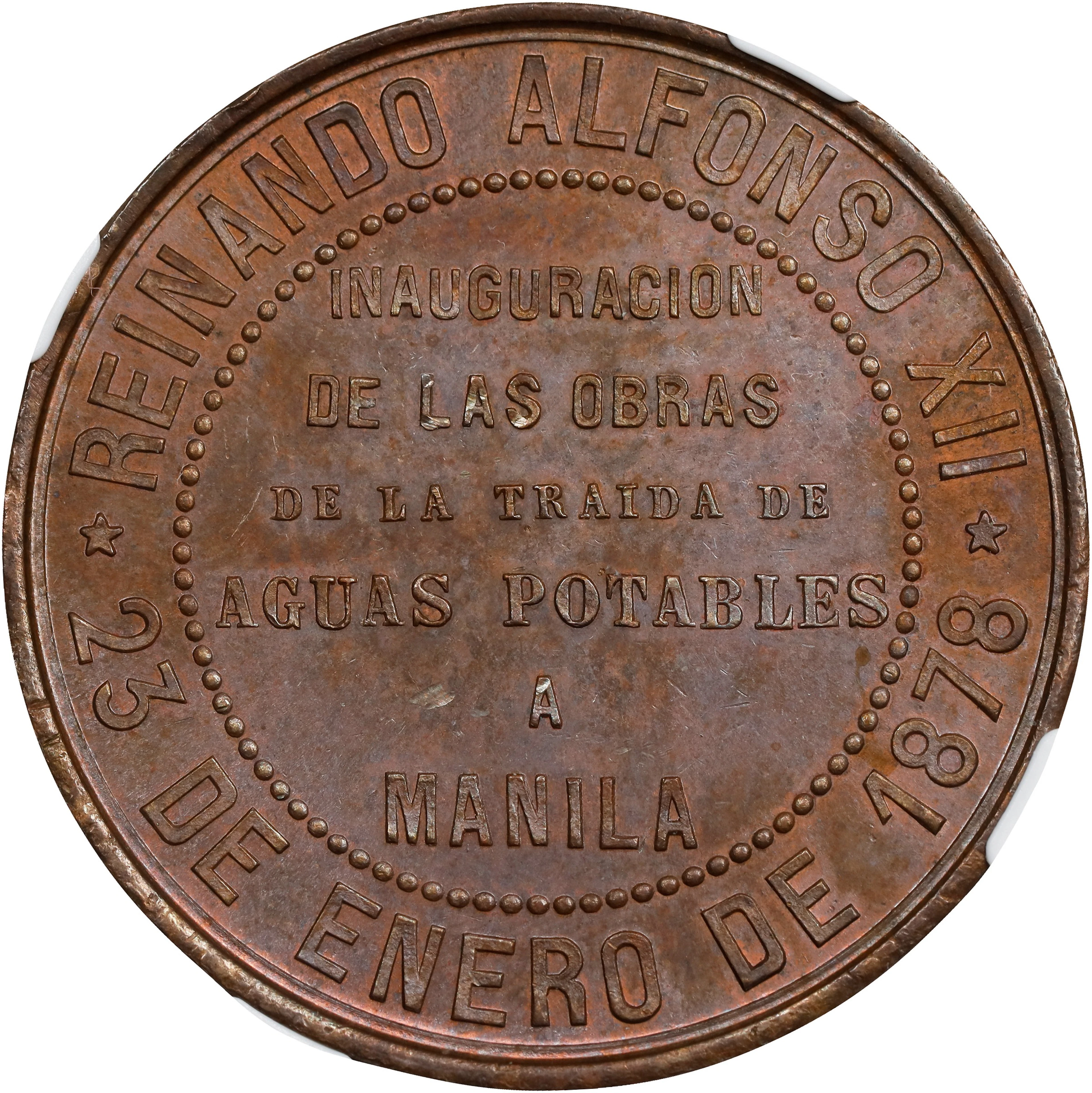 PHILIPPINES. Inauguration Bronze Medal, 1878. Alfonso XII. NGC MS-64 Brown.