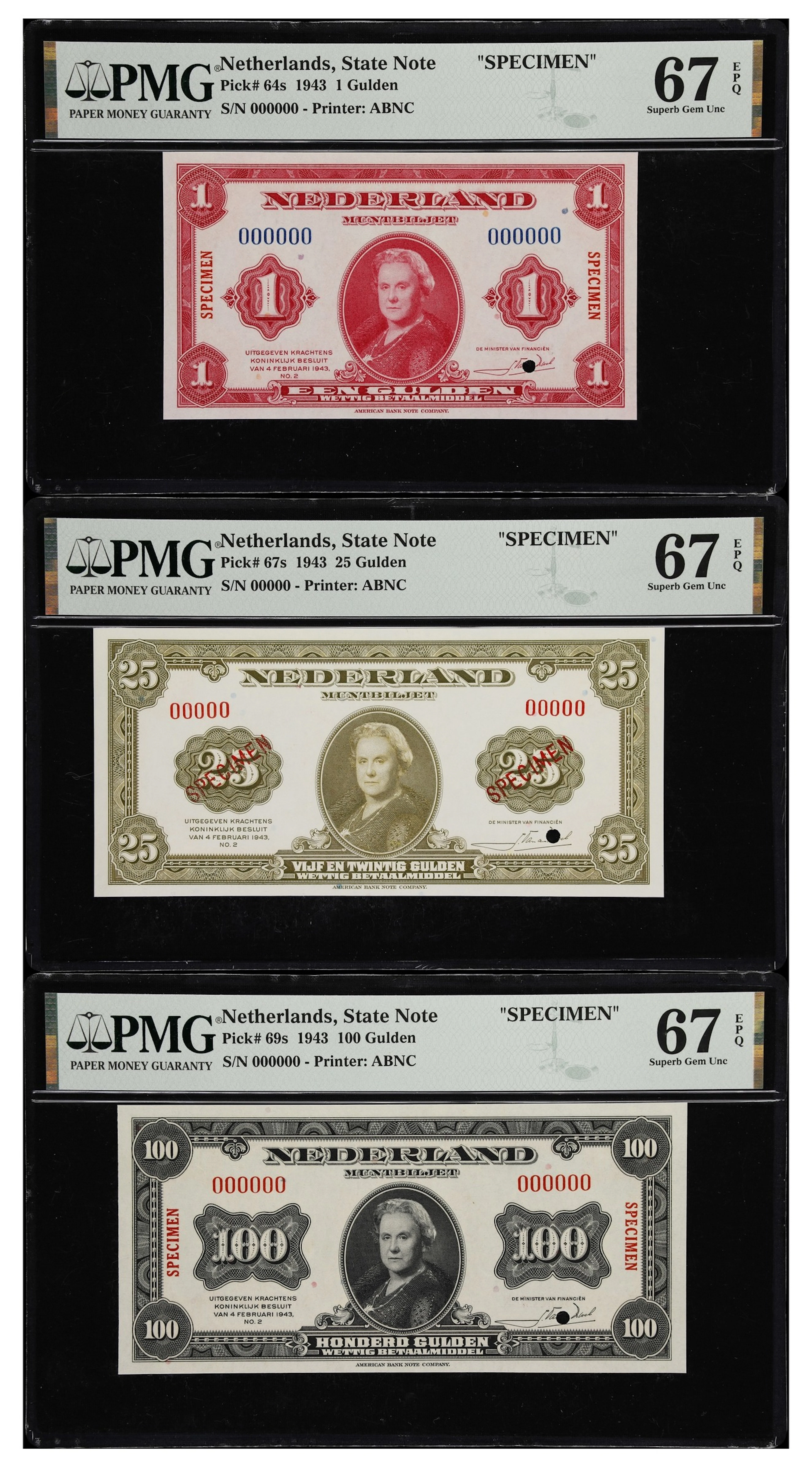 NETHERLANDS. Lot of (3). Ministerie van Financien. 1, 25, & 100 Gulden