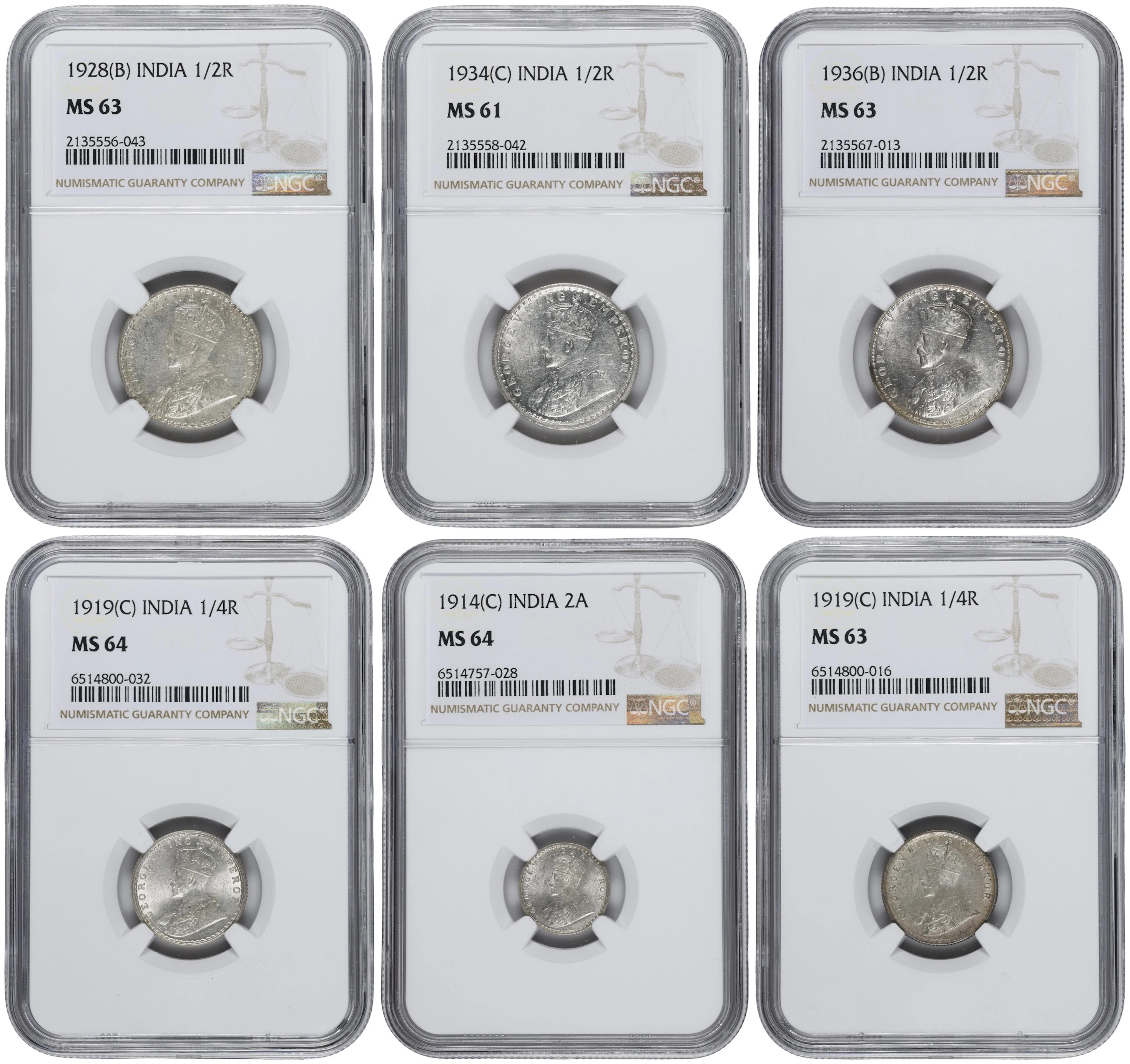 INDIA. Sextet of Silver Denominations (6 Pieces), 1914-36. George