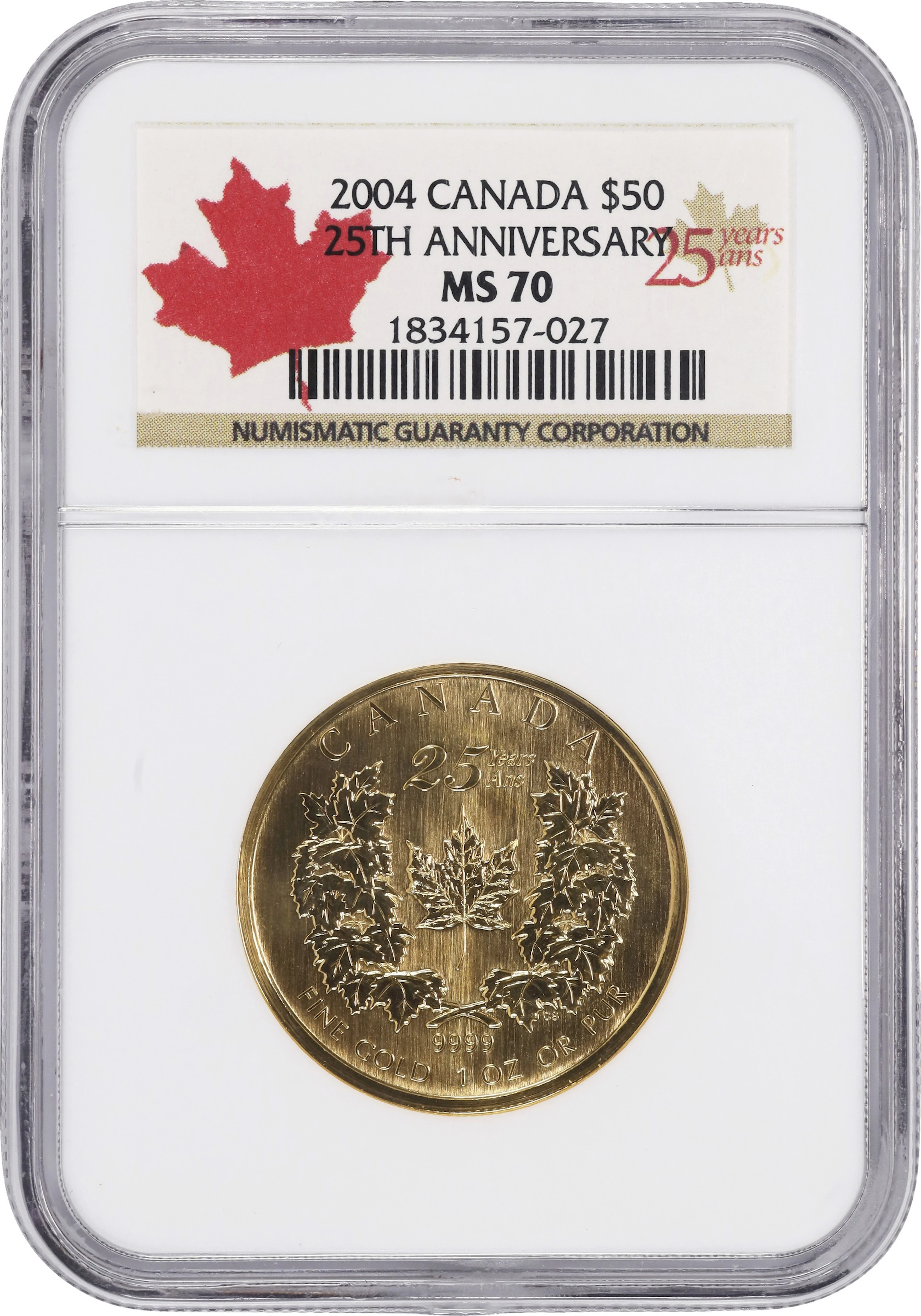 (1 oz, 31.104 g AGW). Canada. 2004 25th Anniversary 1 oz Gold Maple