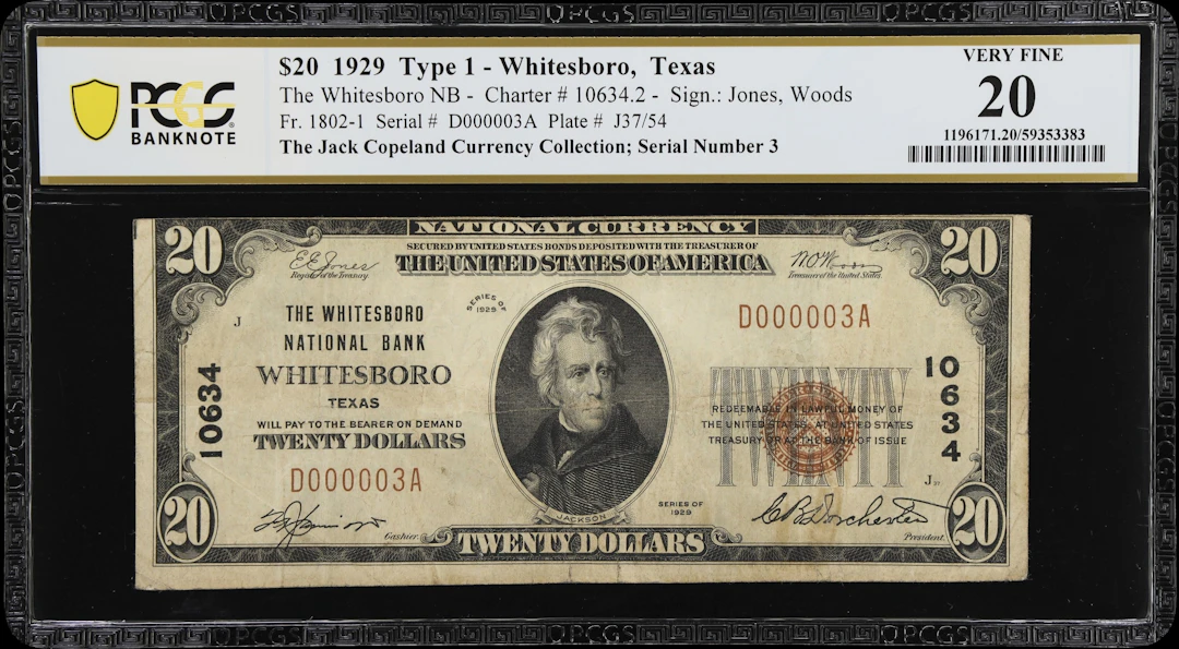 Whitesboro, Texas. $20 1929 Ty. 1. Fr. 1802-1. Whitesboro NB. Charter