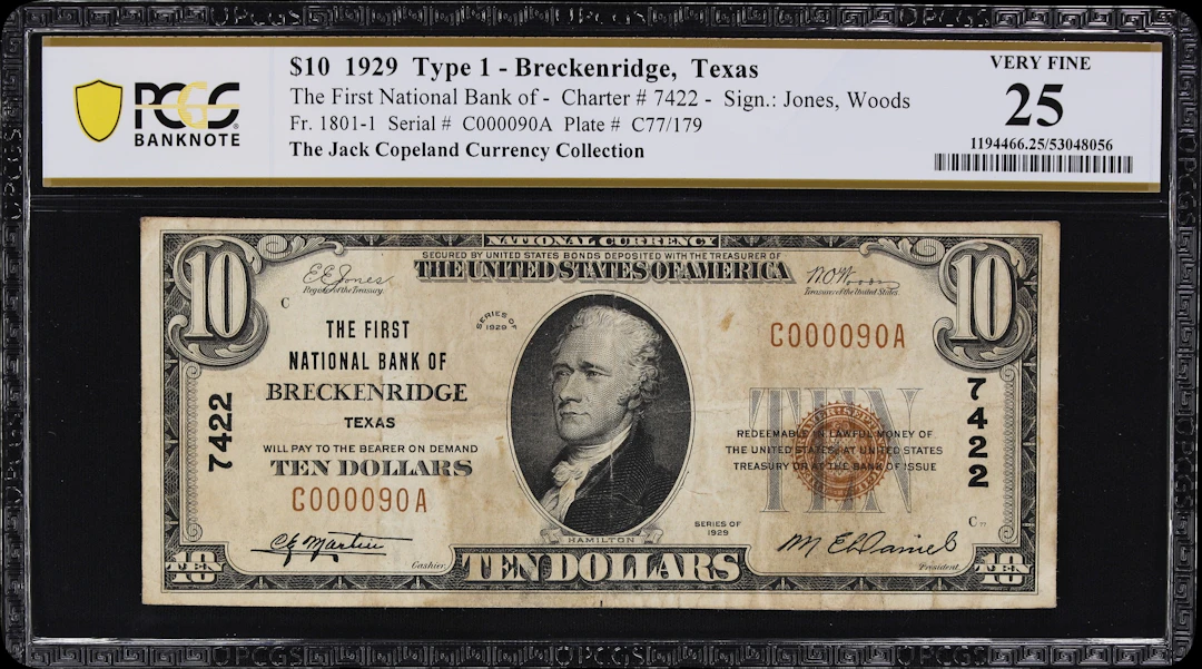 Breckenridge, Texas. $10 1929 Ty. 1. Fr. 1801-1. First NB. Charter