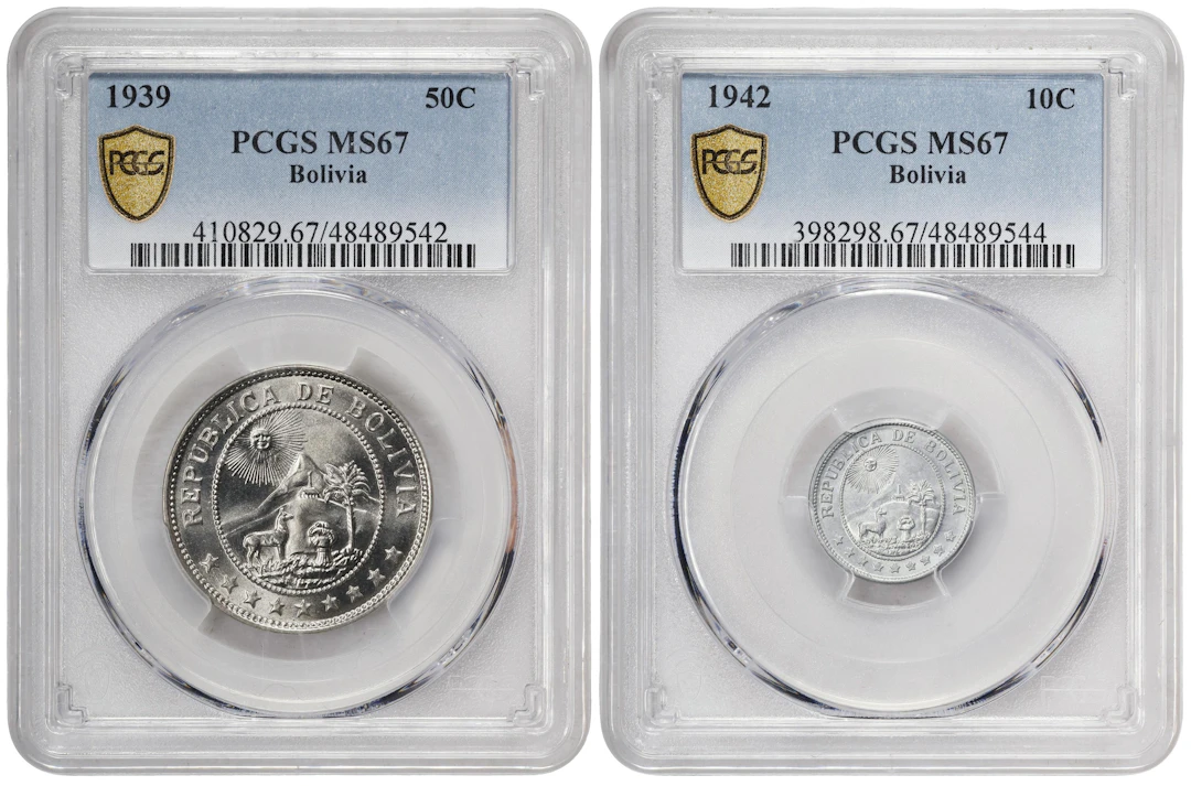 BOLIVIA. Duo of Mixed Denominations (2 Pieces), 1939 & 1942. Both PCGS MS-67.