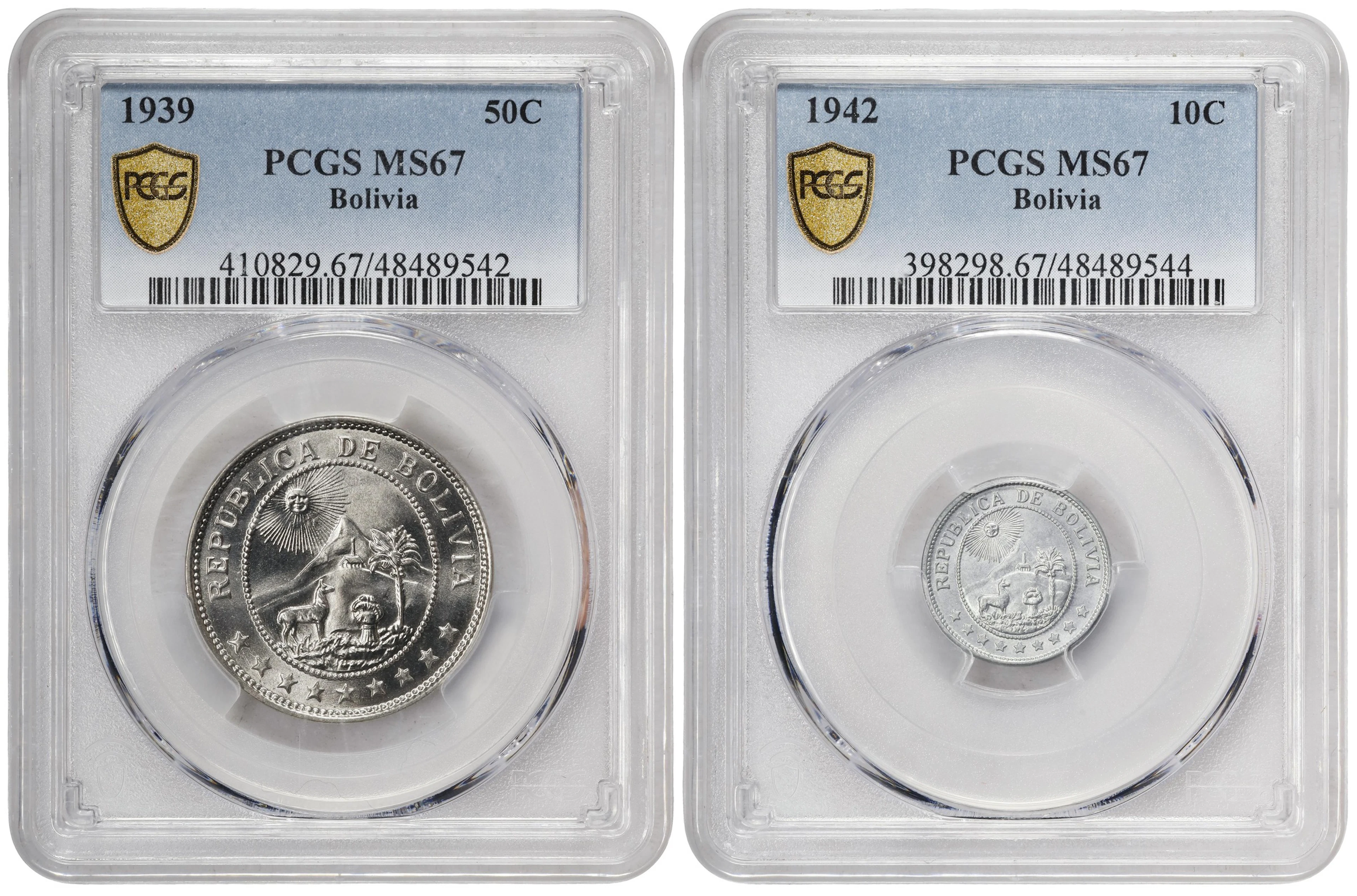 BOLIVIA. Duo of Mixed Denominations (2 Pieces), 1939 & 1942. Both PCGS MS-67.