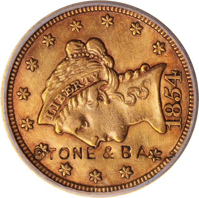 NEW YORK. Syracuse. STONE & BAL[L] on the obverse of an 1854 Liberty