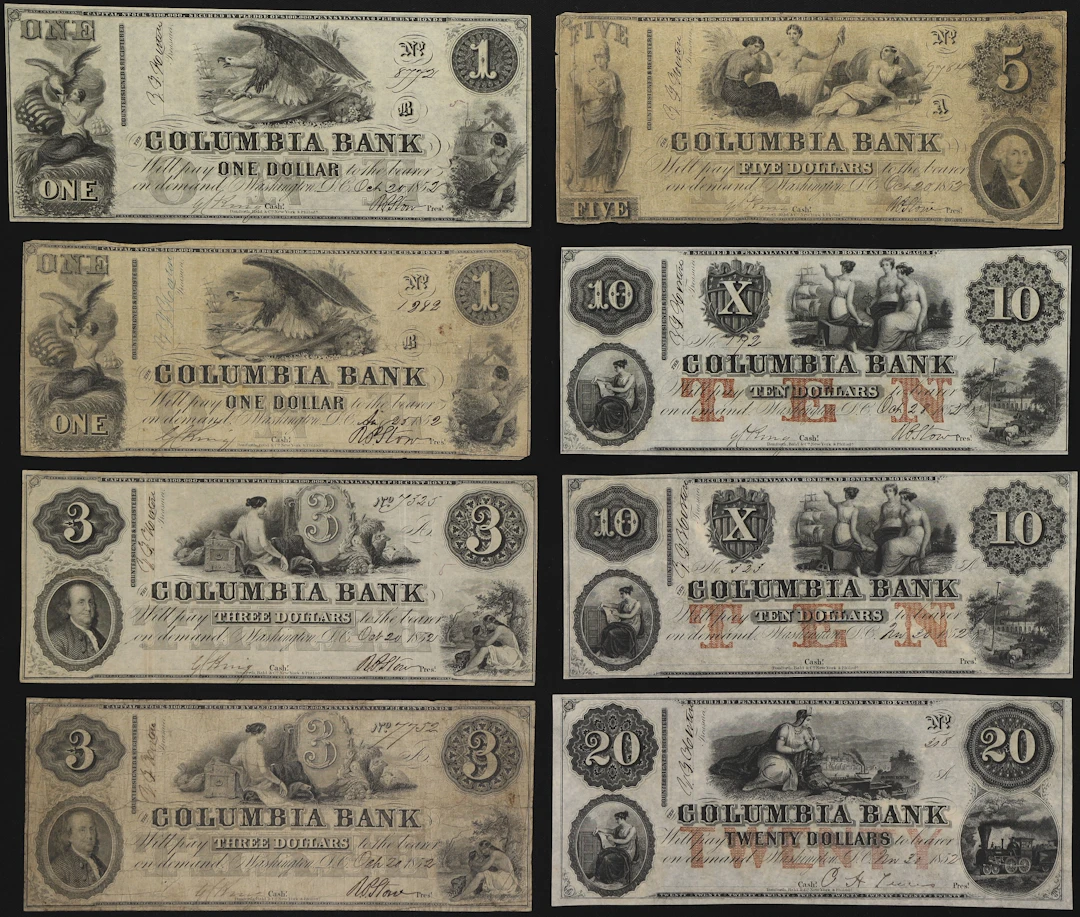 Lot of (8) Washington, District of Columbia. Columbia Bank. 1850s