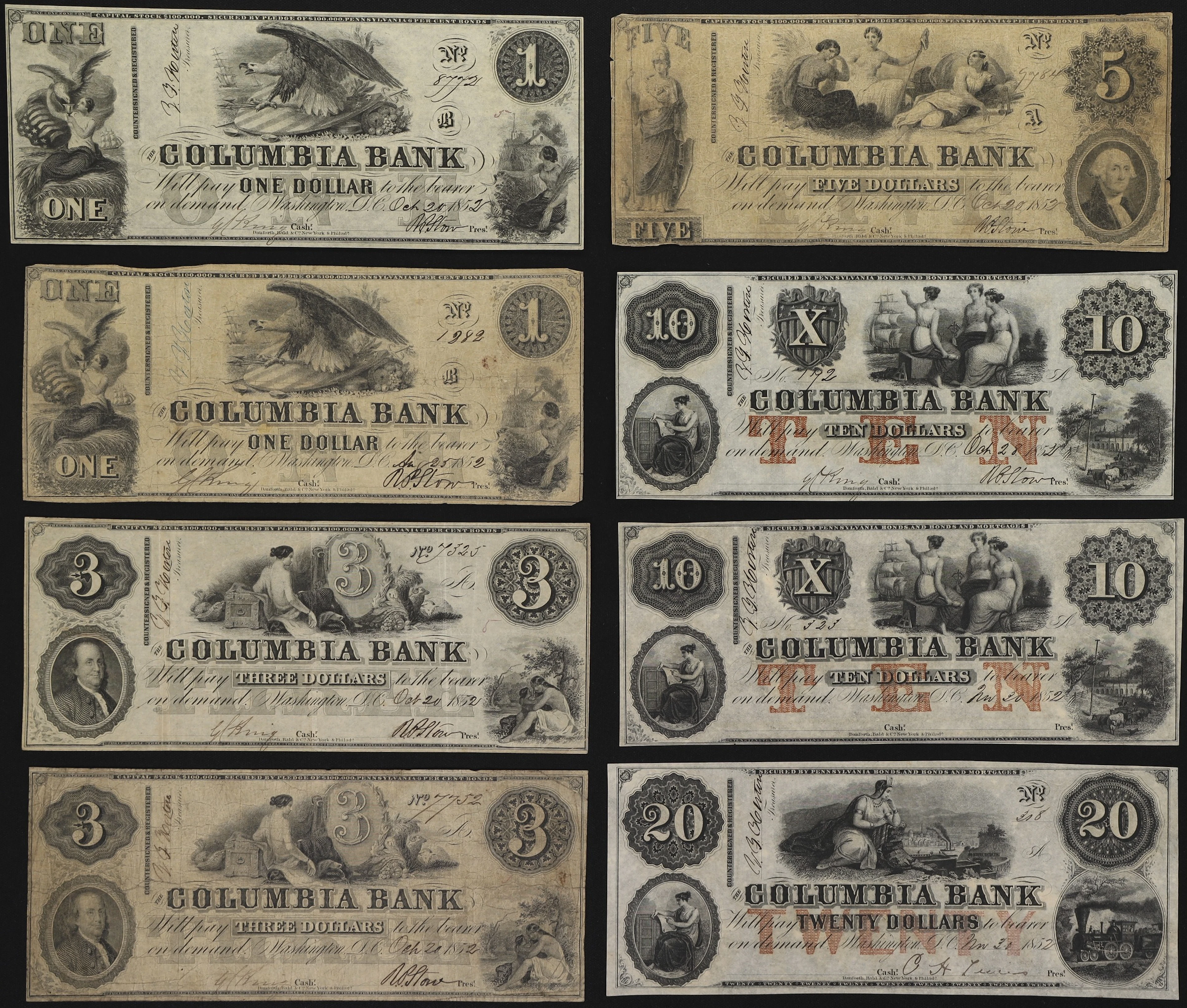 Lot of (8) Washington, District of Columbia. Columbia Bank. 1850s