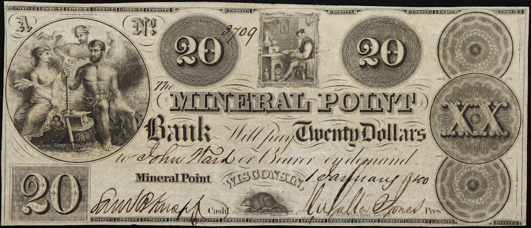 Mineral Point, Wisconsin. Mineral Point Bank. 1840 $20. Very Fine.
