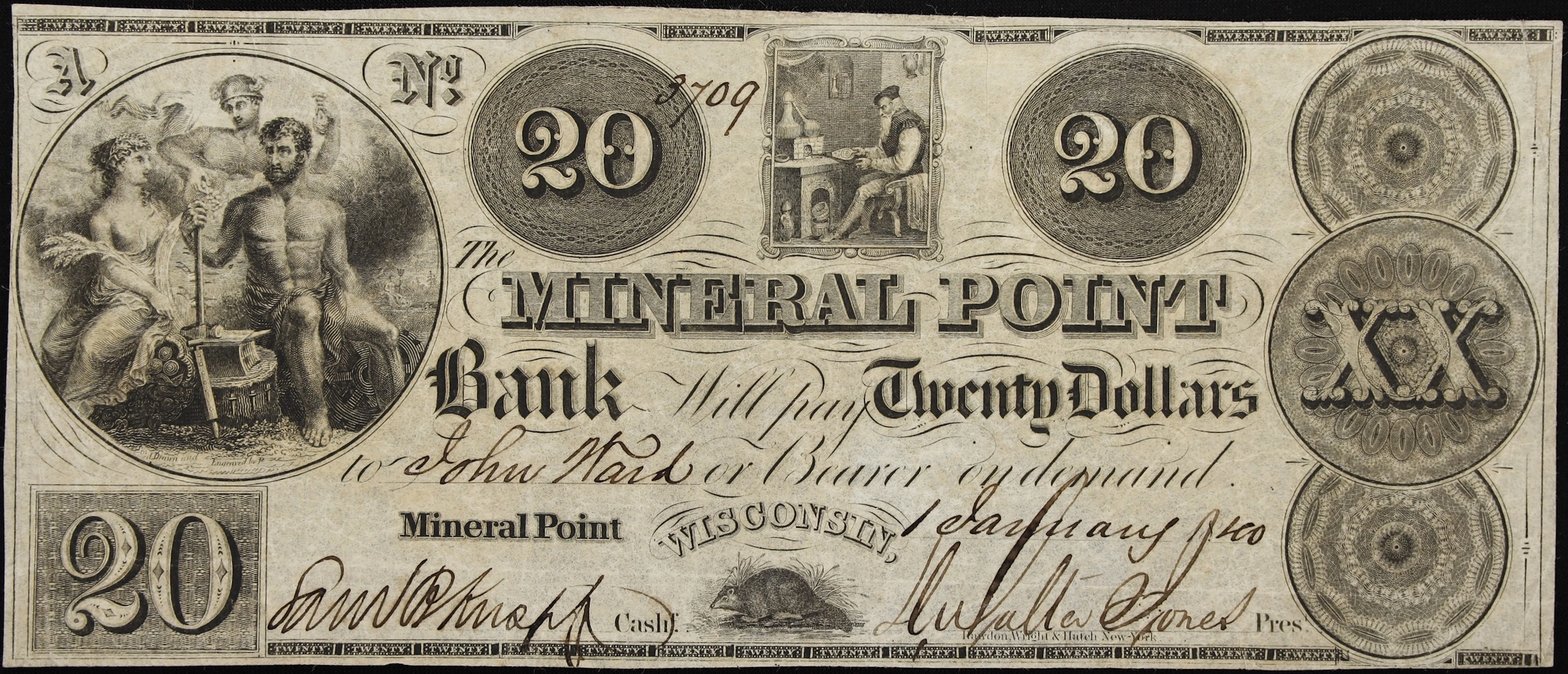 Mineral Point, Wisconsin. Mineral Point Bank. 1840 $20. Very Fine.