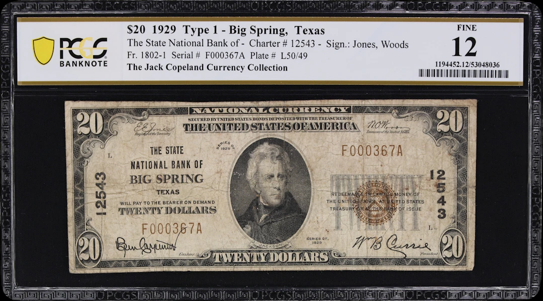 Big Spring, Texas. $20 1929 Ty. 1. Fr. 1802-1. State NB. Charter #12543.