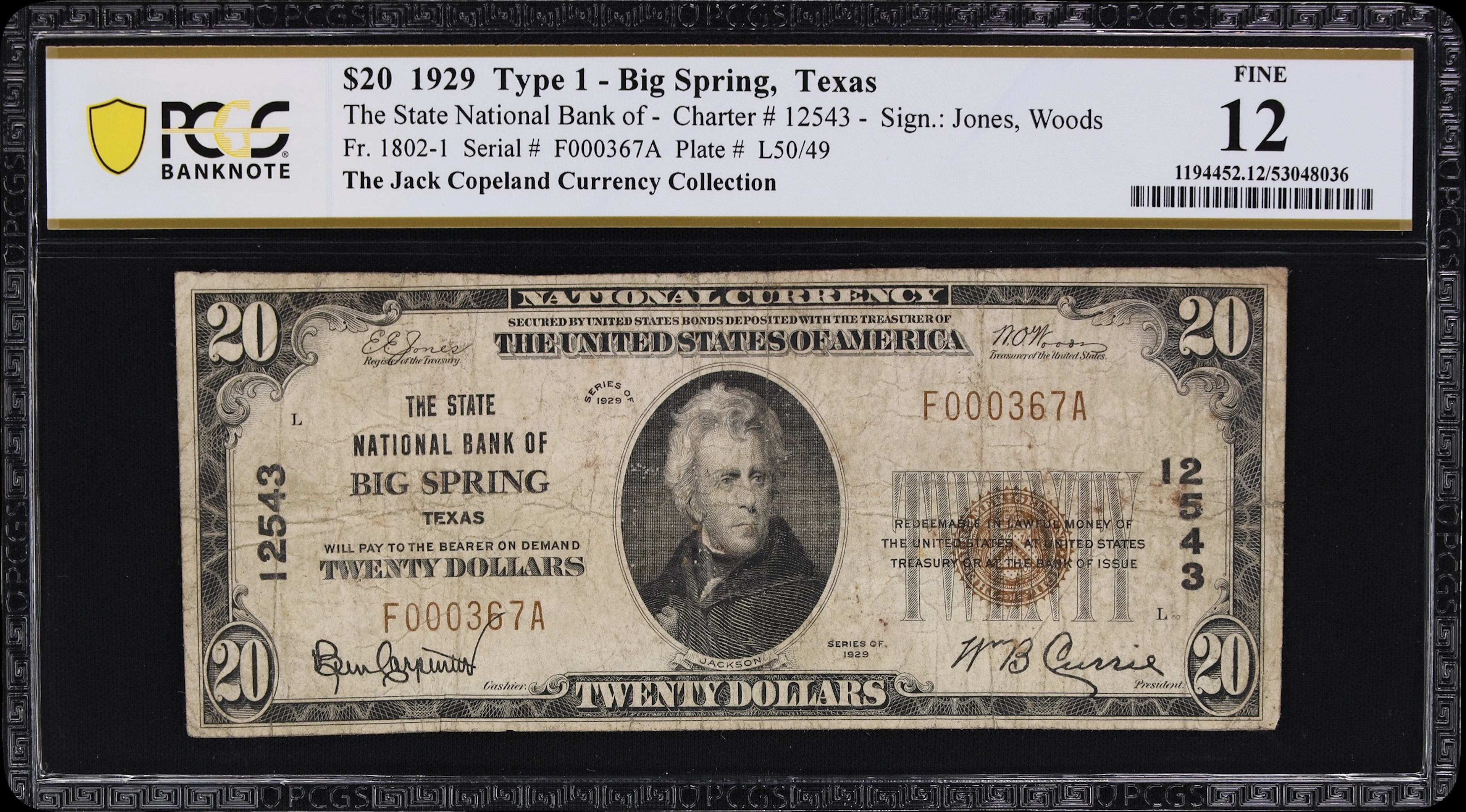 Big Spring, Texas. $20 1929 Ty. 1. Fr. 1802-1. State NB. Charter #12543.