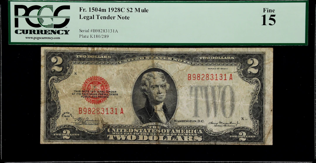 Fr. 1504m. 1928C $2 Legal Tender Note. Mule. PCGS Currency Fine 15.