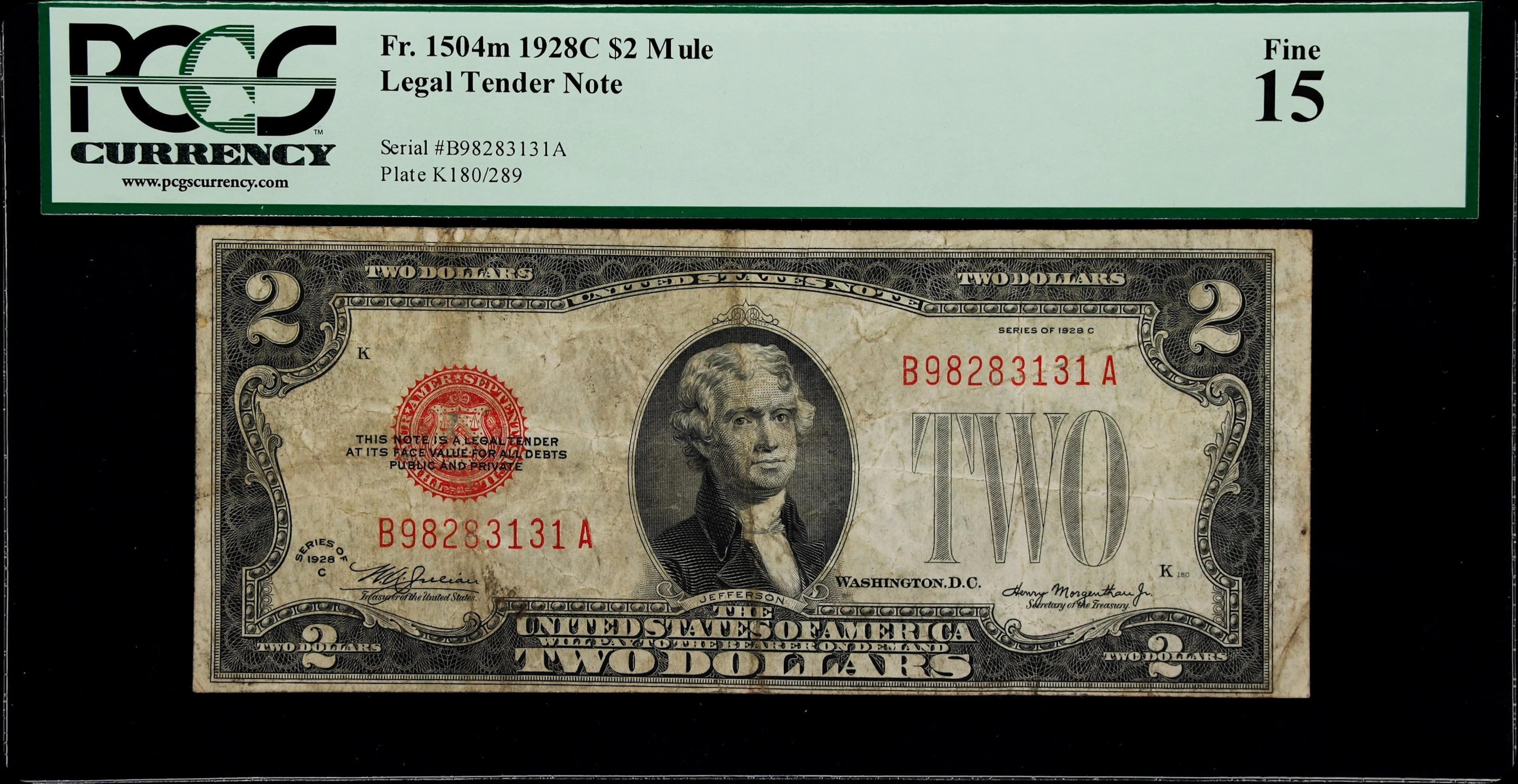 Fr. 1504m. 1928C $2 Legal Tender Note. Mule. PCGS Currency Fine 15.